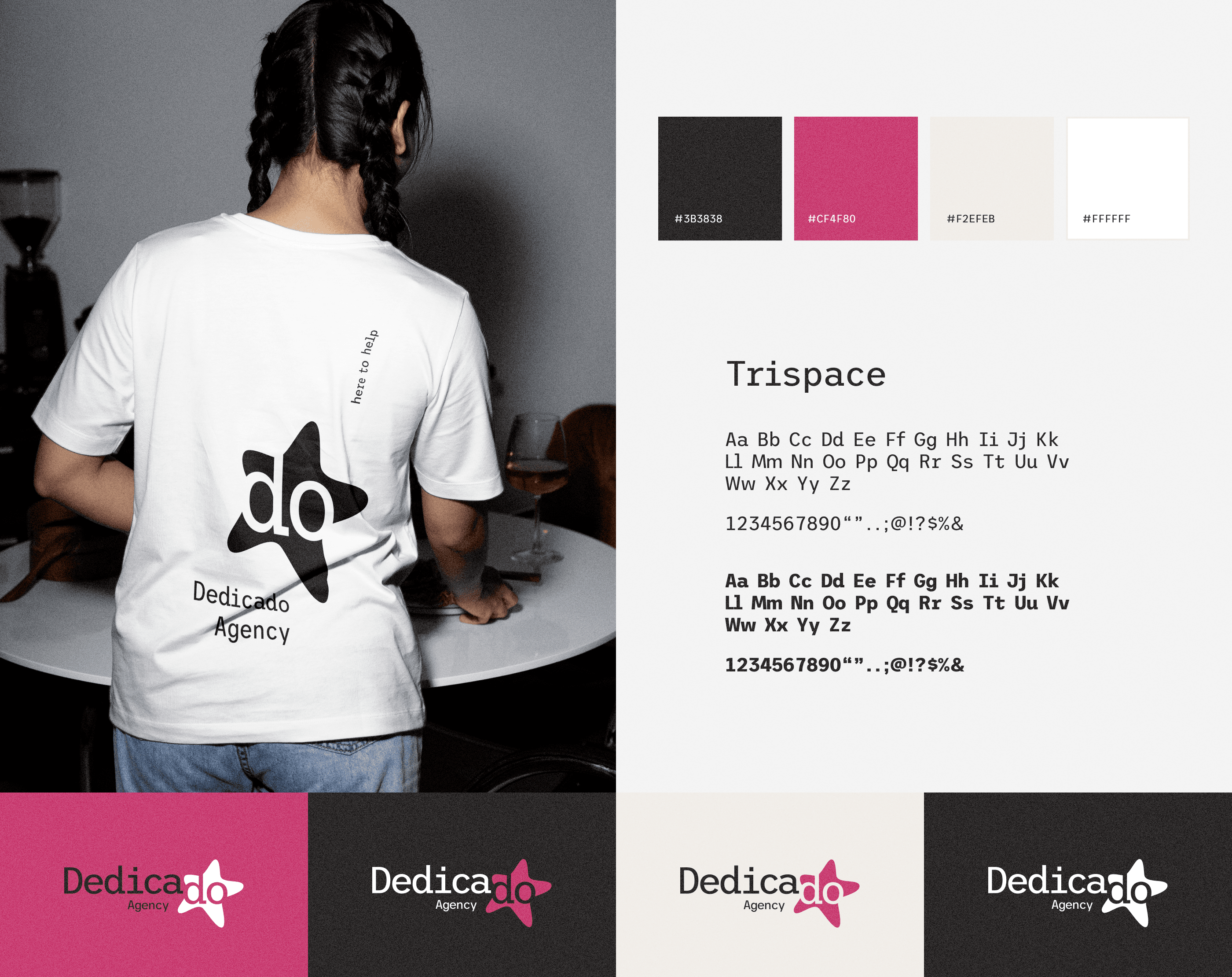 Dedicado on a T-shirt, its four colors, the Trispace typeface and the logo on four backgrounds
