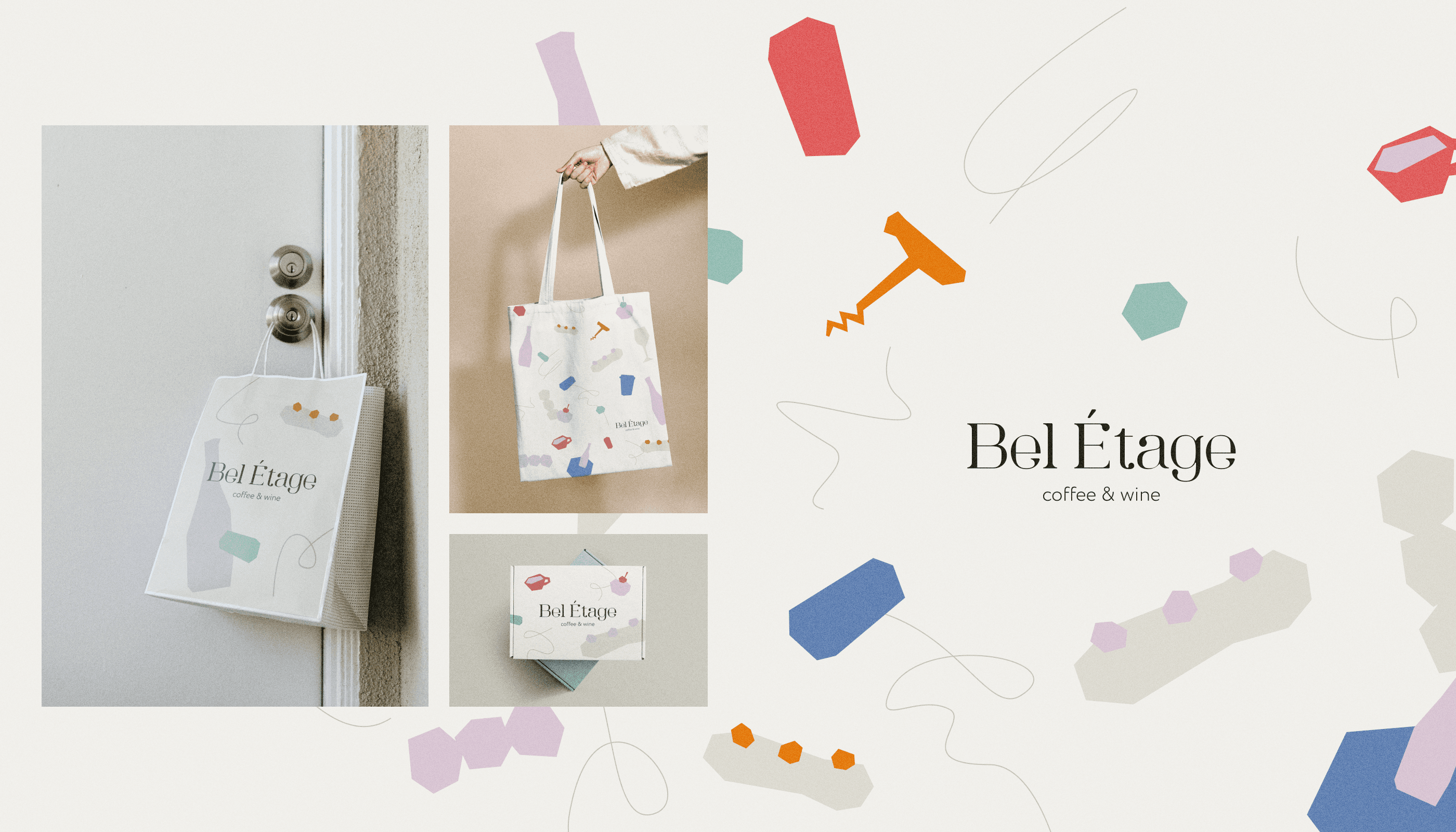 Bel Étage bags and a box with the café's illustrations: bottles, glasses, a corkscrew