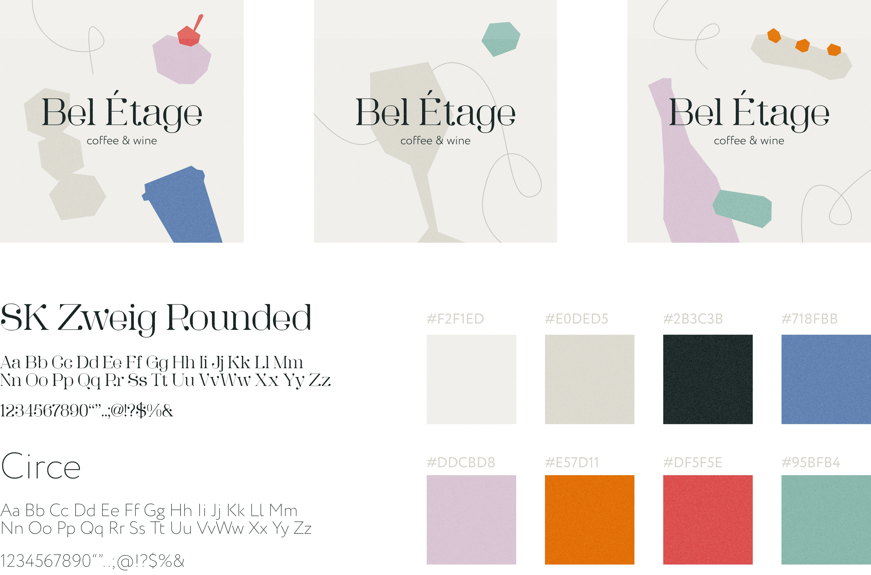 Bel Étage logo variations, the SK Zweig Rounded and Circe typefaces and eight colors