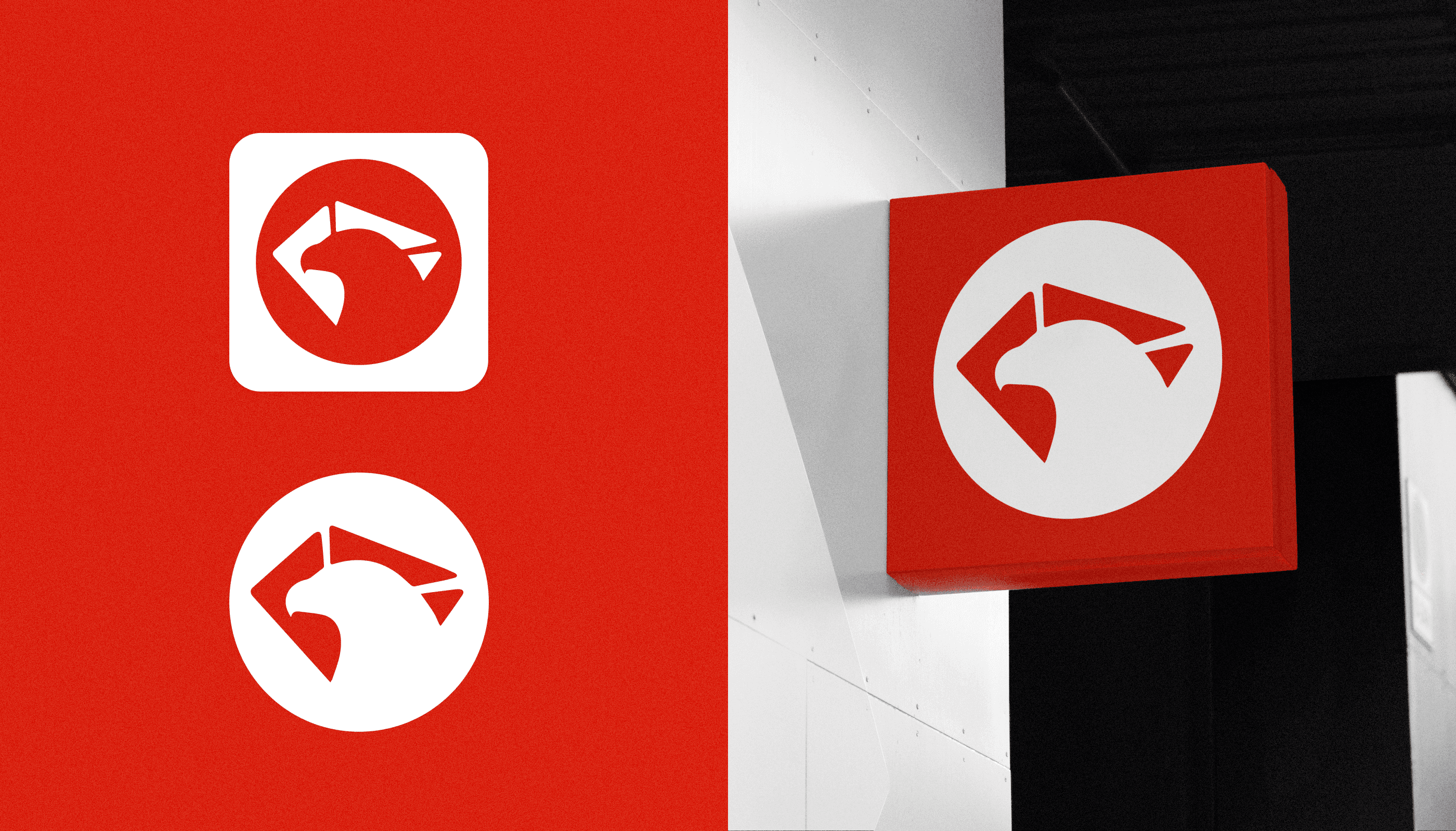 The BPK eagle logomark as an app icon, a badge and a red sign on a building