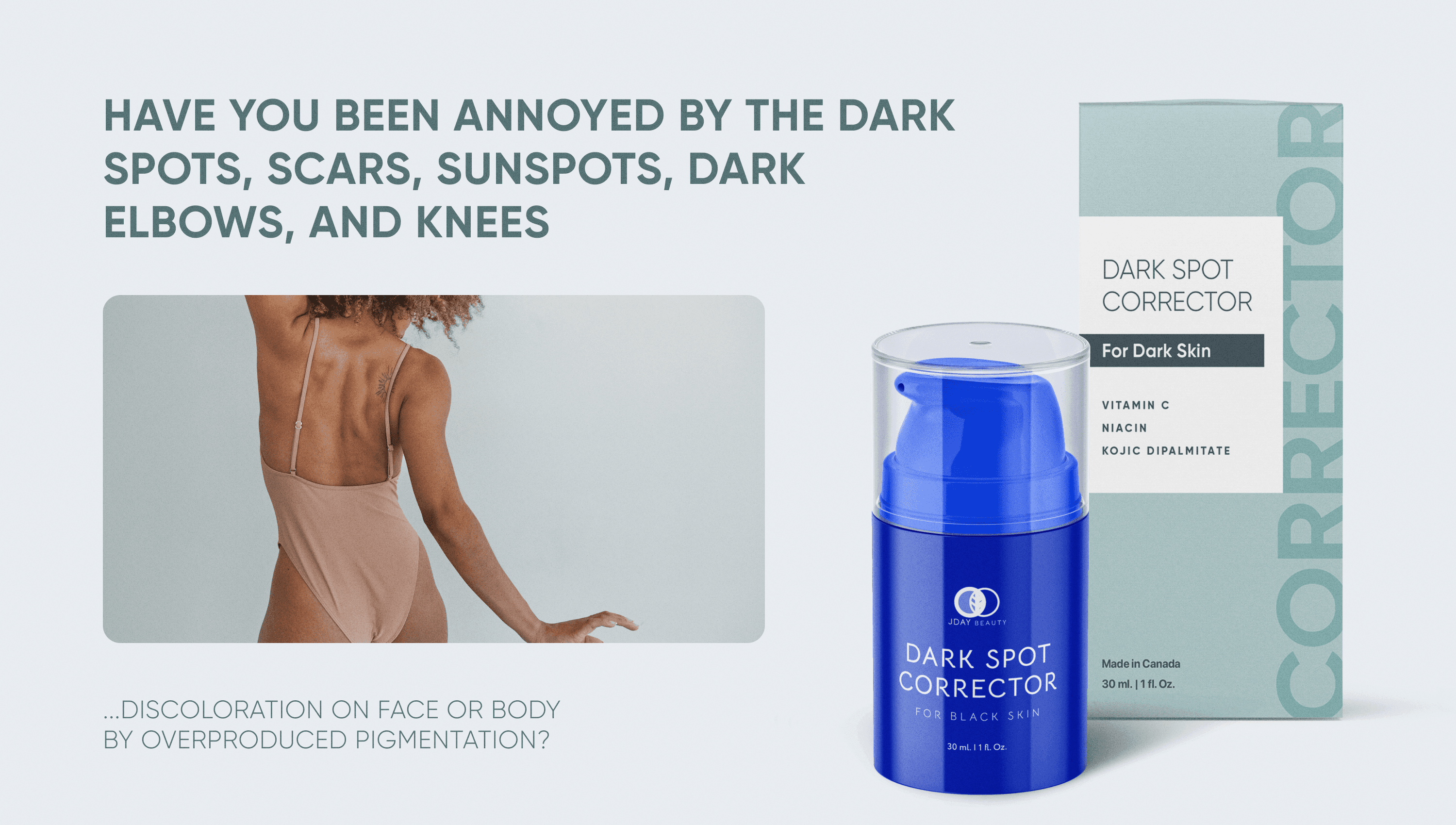 Dark Spot Corrector for dark skin: dark spots, scars, sunspots, dark elbows and knees, the bottle and its box
