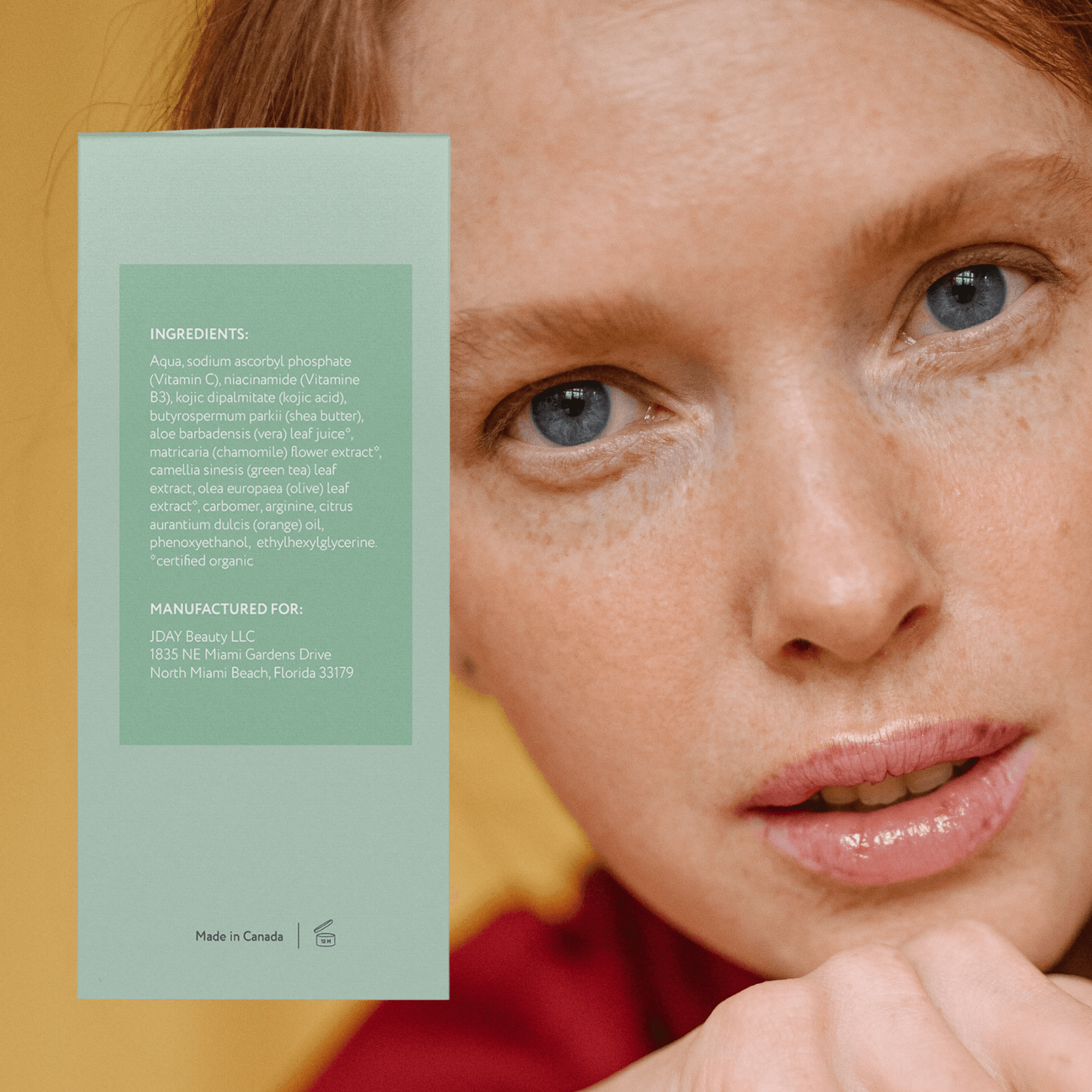 Dark Spot Corrector for face and body: the back of its box next to a red-haired woman