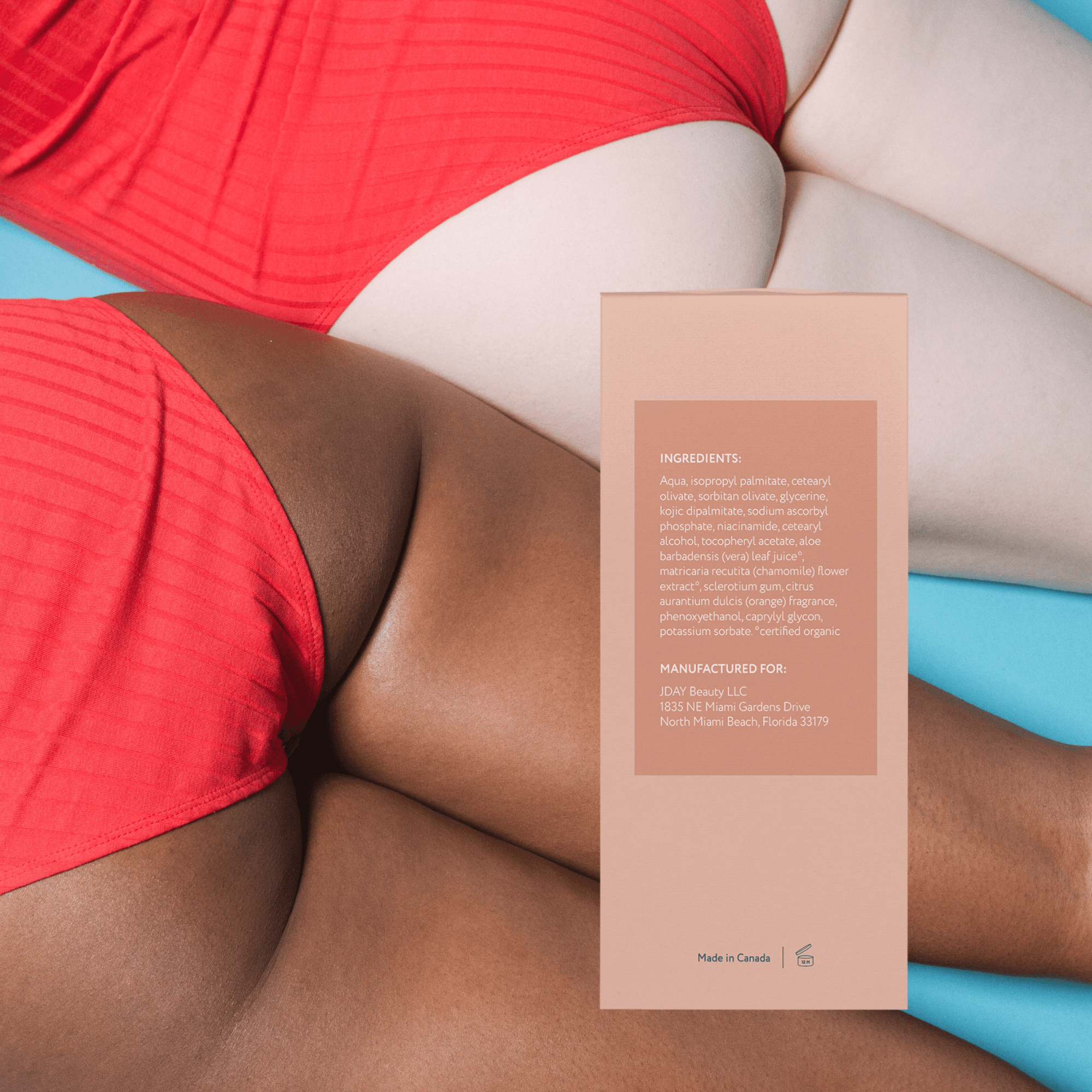 Dark Spot Corrector for intimate areas: the back of its box over a woman in a red swimsuit