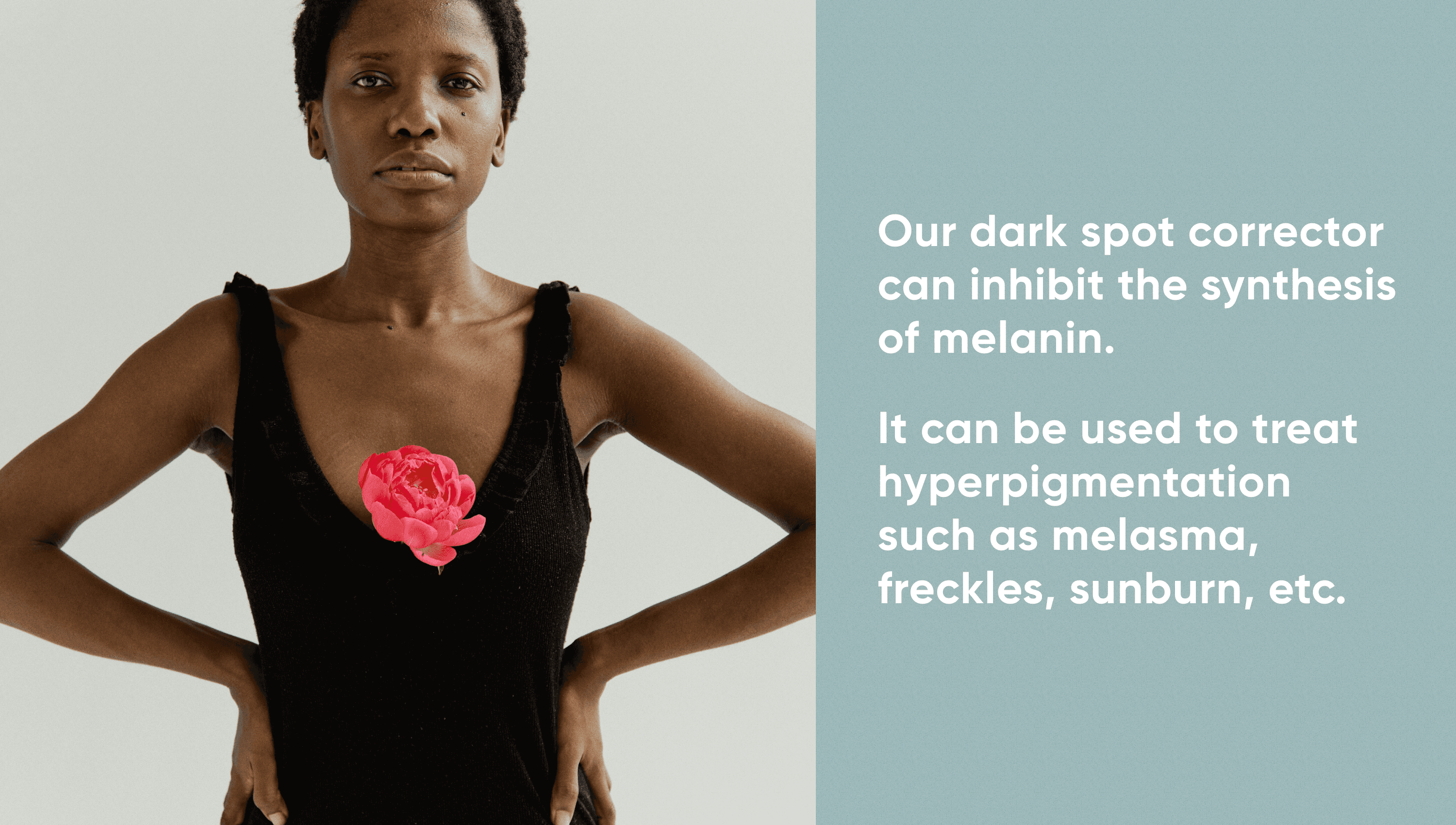 Dark Spot Corrector for dark skin: it can inhibit the synthesis of melanin, a woman with a pink peony