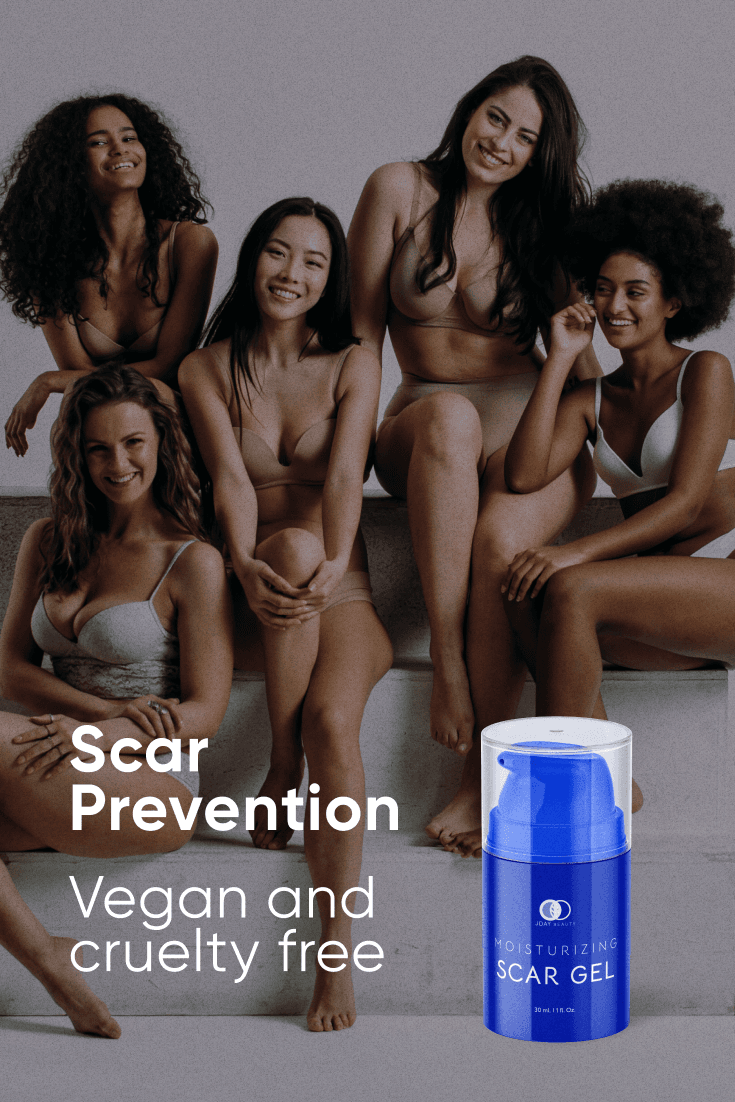 Scar Gel ad: Scar prevention, vegan and cruelty free, a group of women