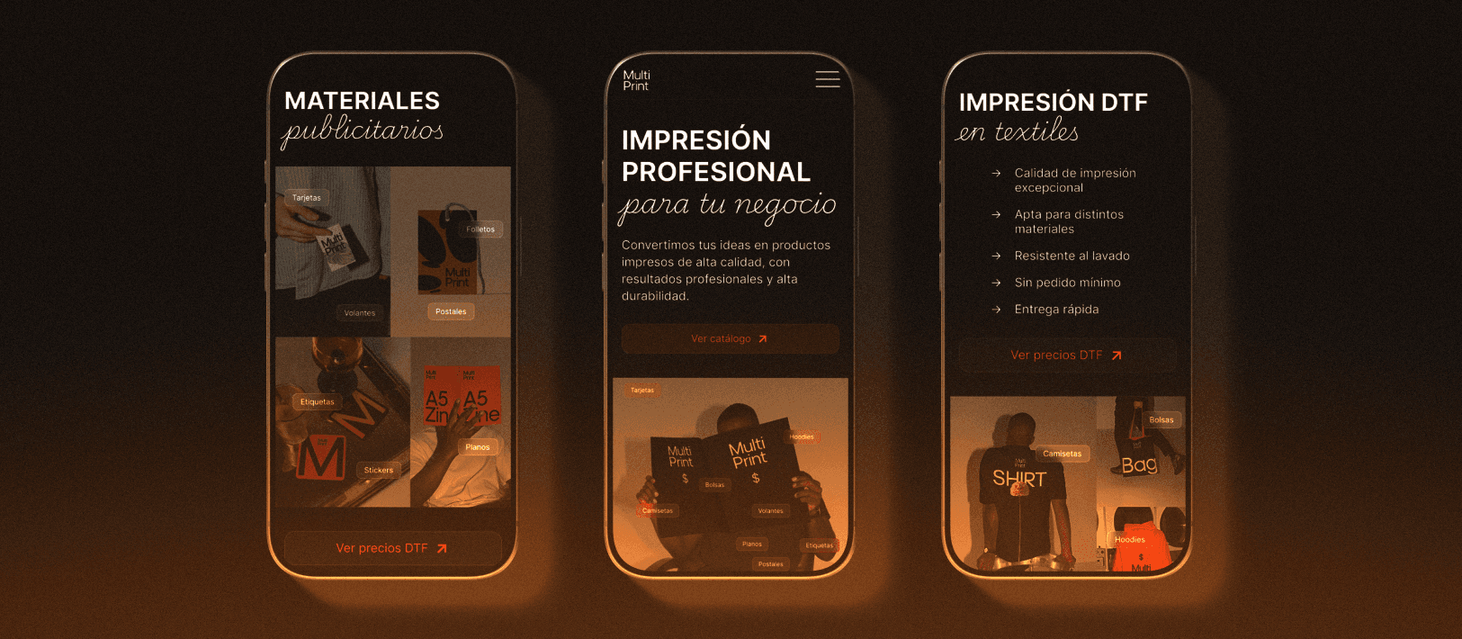 Three screens of the MultiPrint website on phones: print materials, the first screen and DTF printing