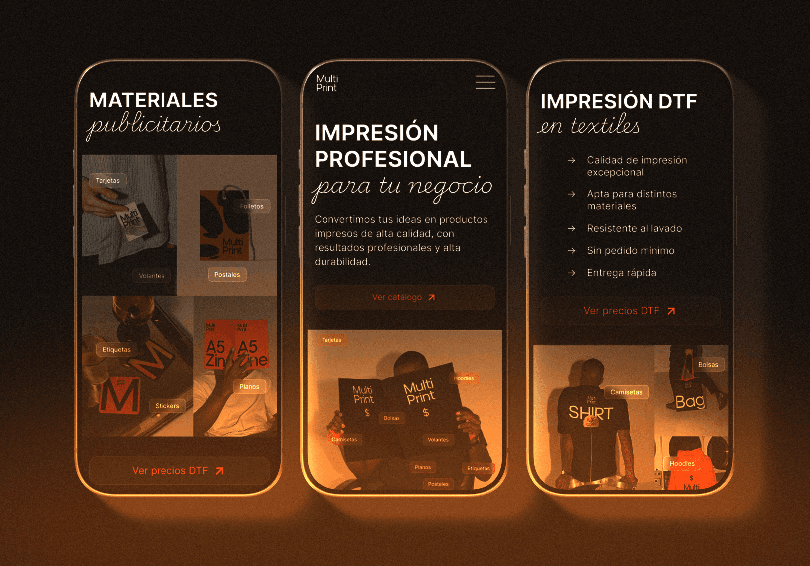 Three screens of the MultiPrint website on phones: print materials, the first screen and DTF printing