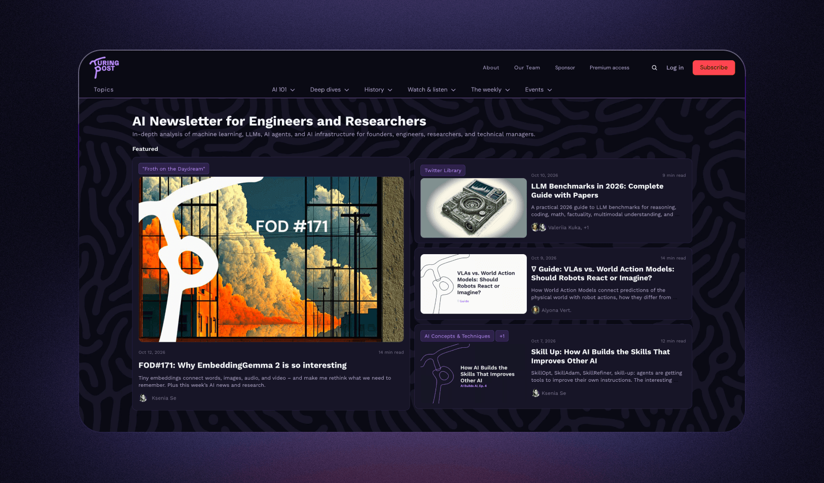 The Turing Post site on beehiiv: the home page, an AI newsletter for engineers and researchers, with the featured issues
