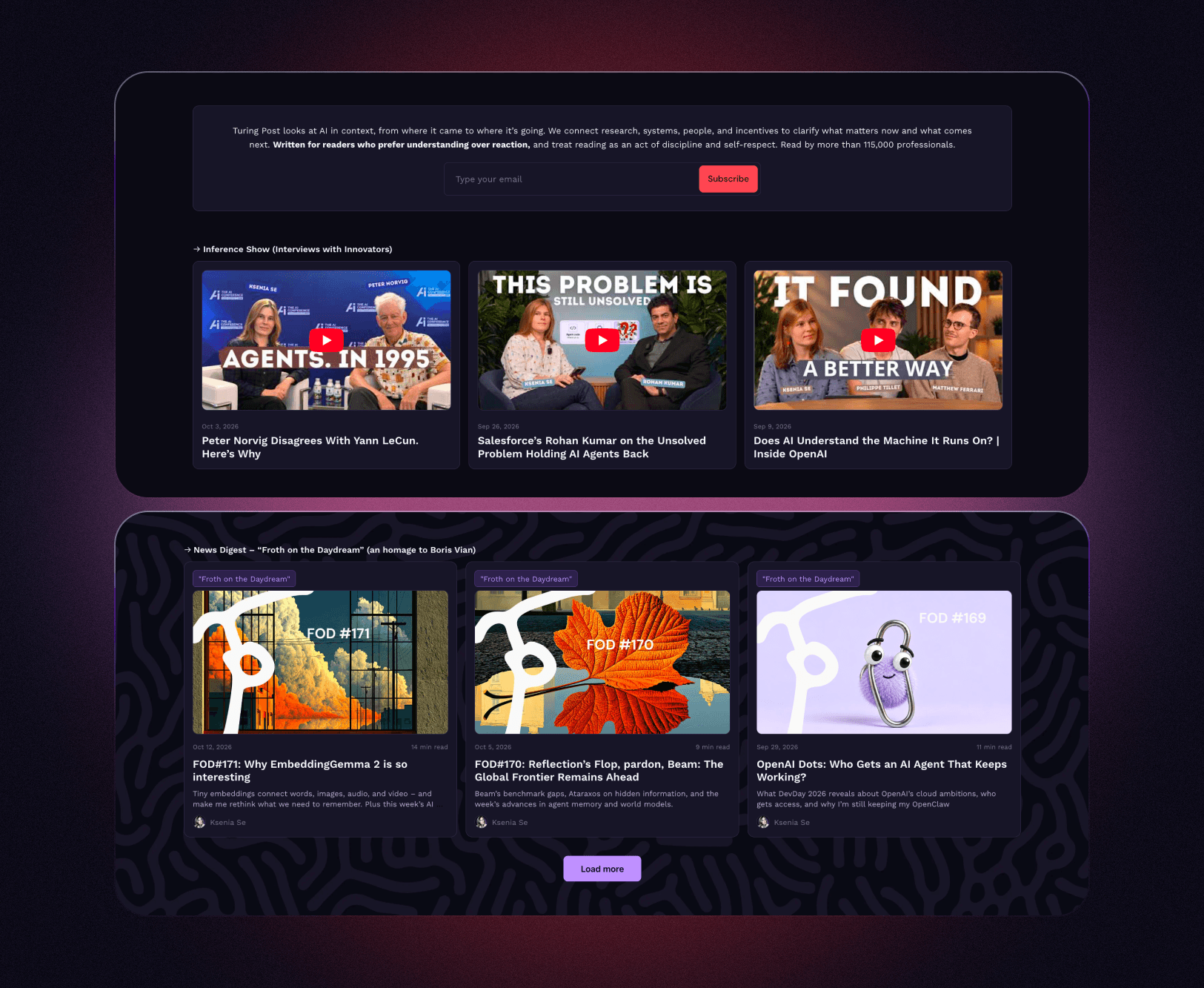 The Turing Post site: the subscribe form, the Inference Show interviews and the news digest issues on the pattern