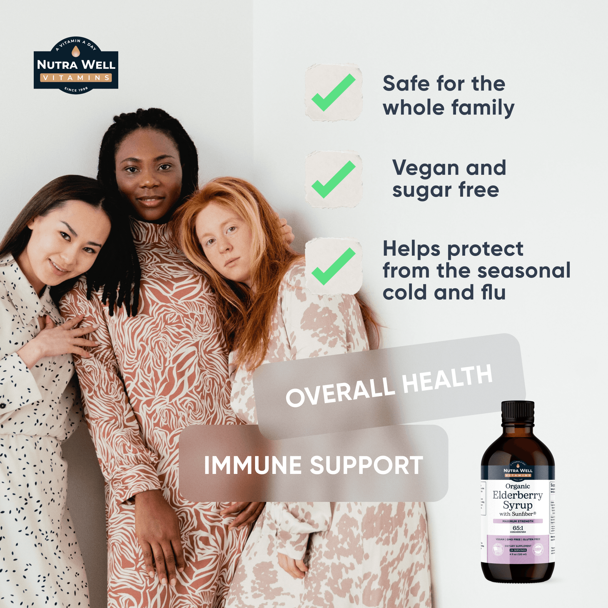 NutraWell Elderberry listing picture: safe for the whole family, vegan and sugar free