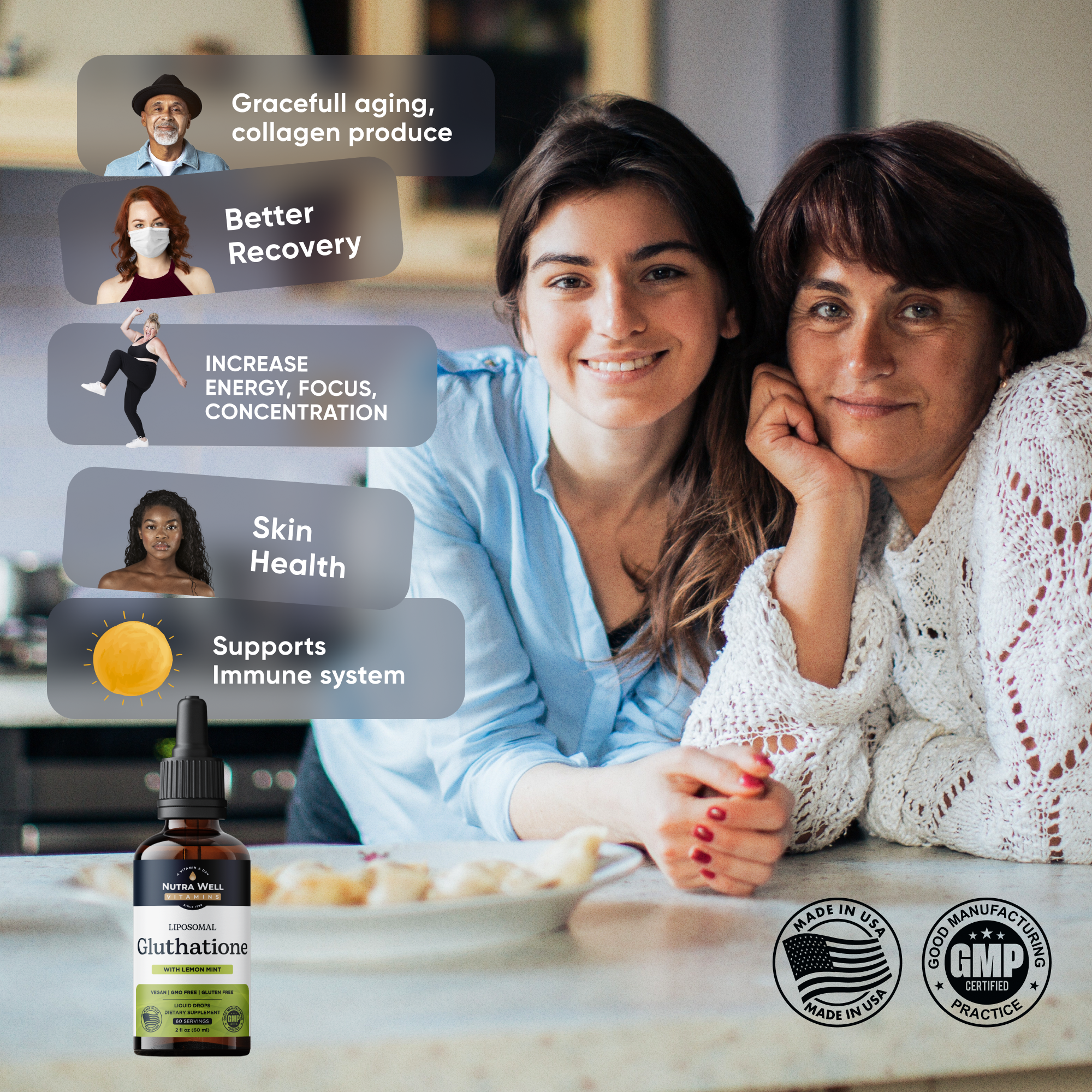 NutraWell Glutathione listing picture: graceful aging and skin health, two women