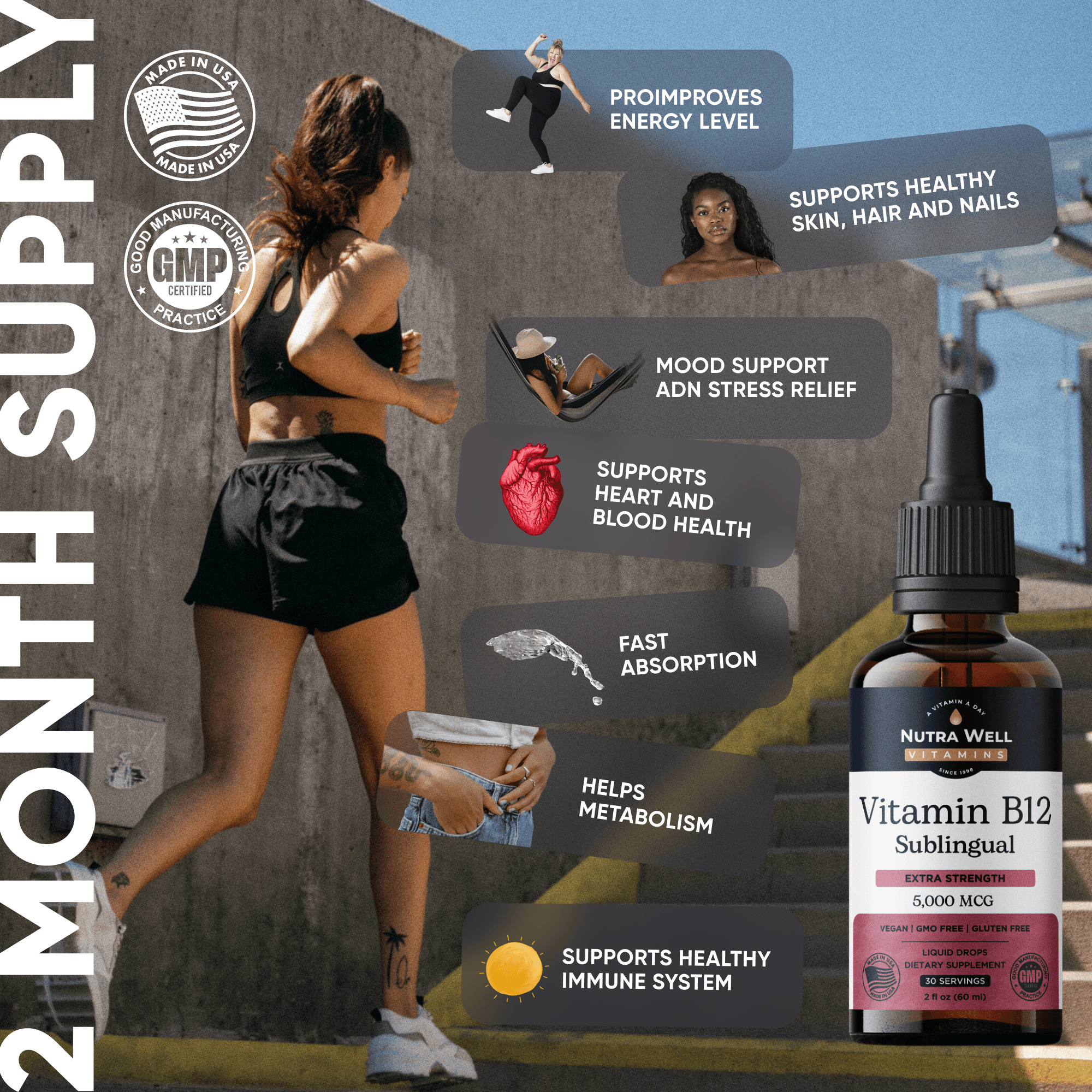 Vitamin B12 listing picture: a 2 month supply, a woman running up steps