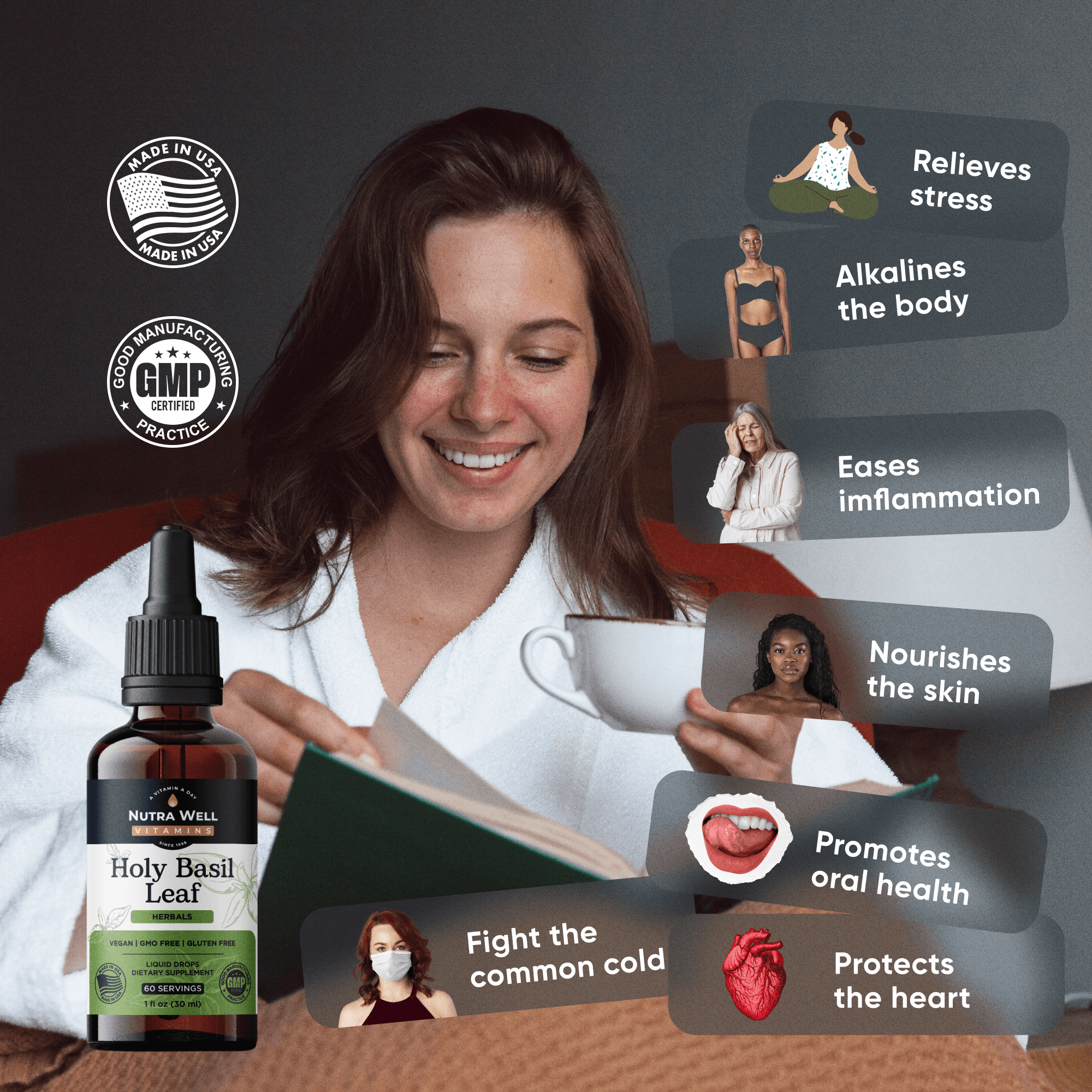 NutraWell Holy Basil listing picture: relieves stress, a woman reading