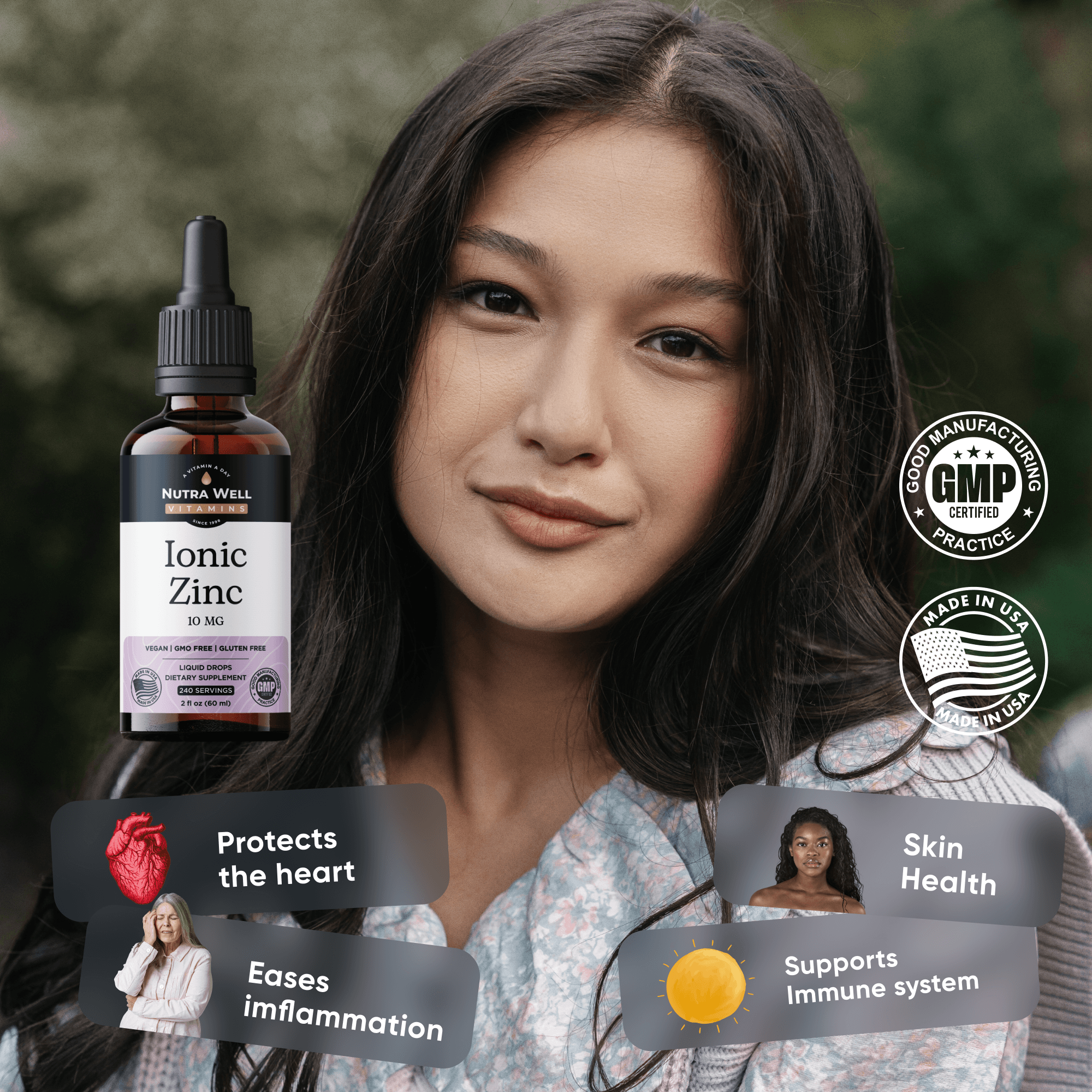 NutraWell Ionic Zinc listing picture: heart and skin health, a young woman