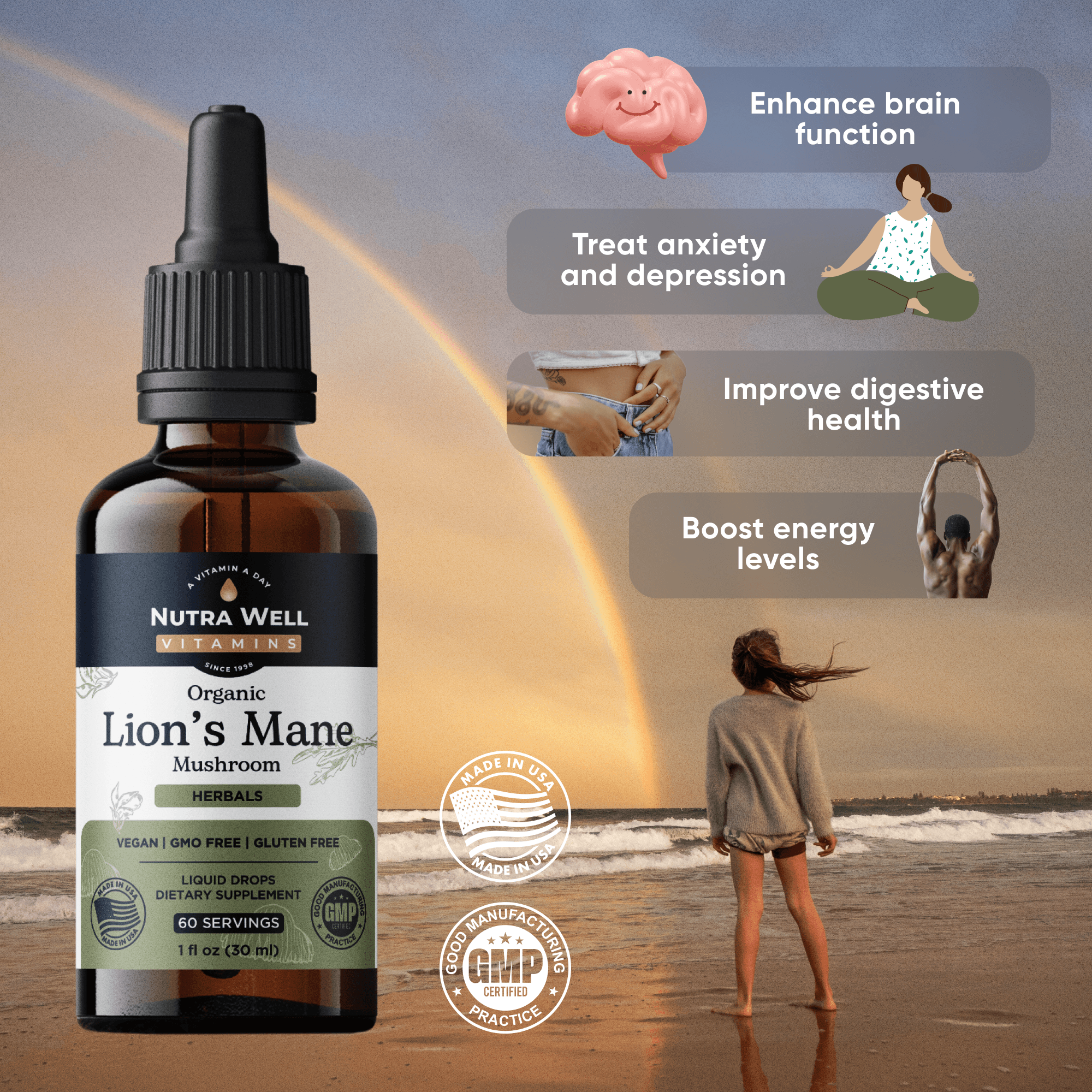 NutraWell Lion's Mane listing picture: brain and mood benefits, a rainbow over the sea