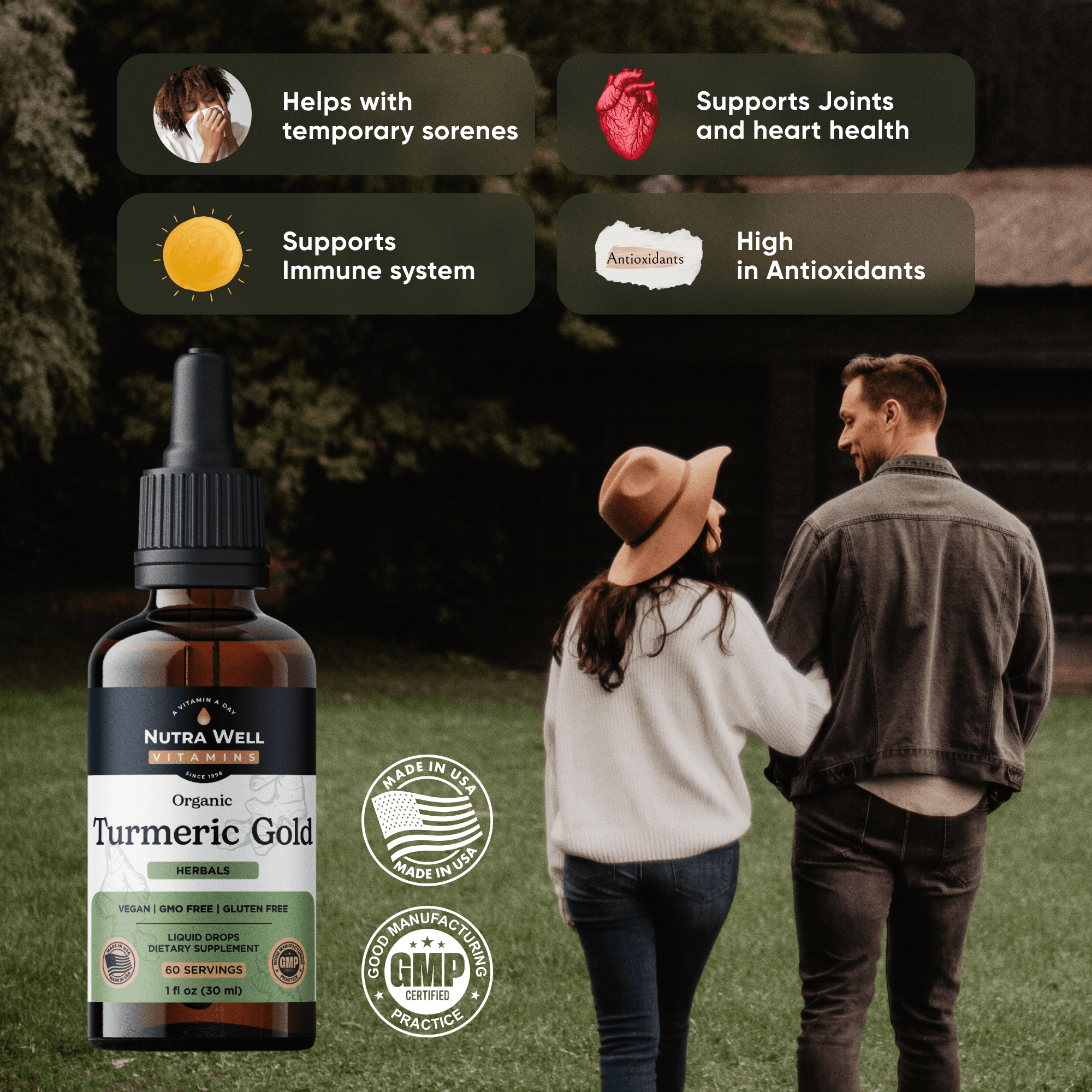 NutraWell Turmeric Gold listing picture: joint and heart health, a couple walking