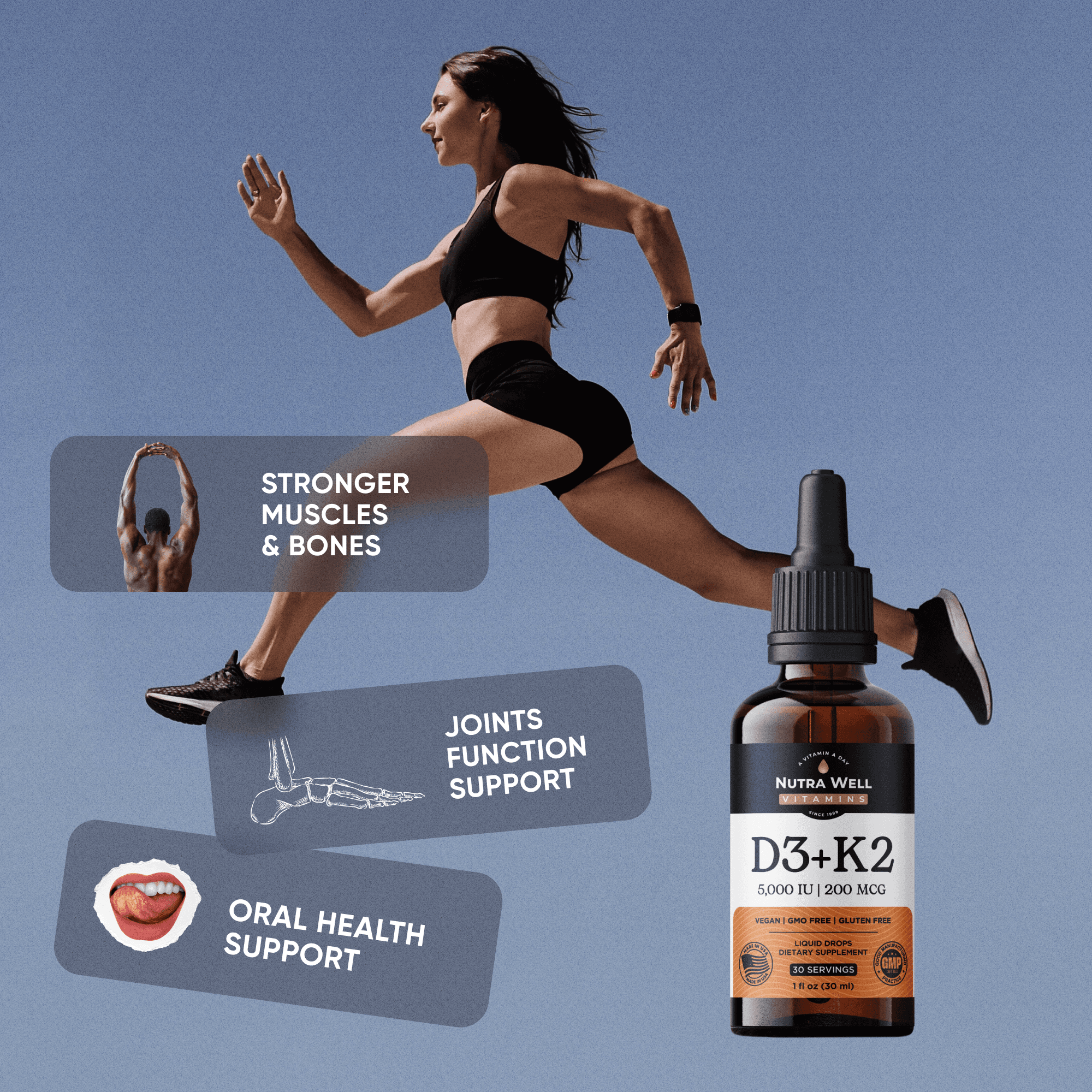 D3+K2 listing picture: stronger muscles and bones, a woman running