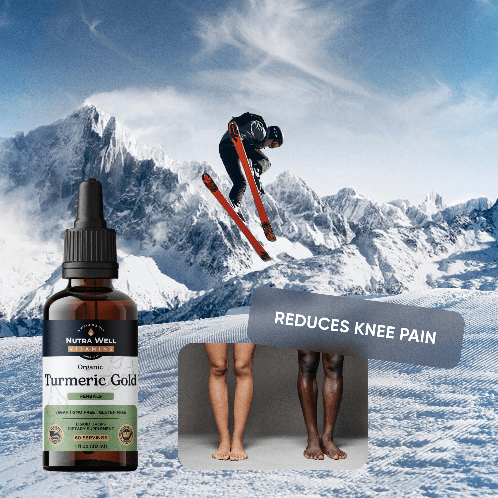 Turmeric Gold listing picture: Reduces knee pain, a skier in the mountains