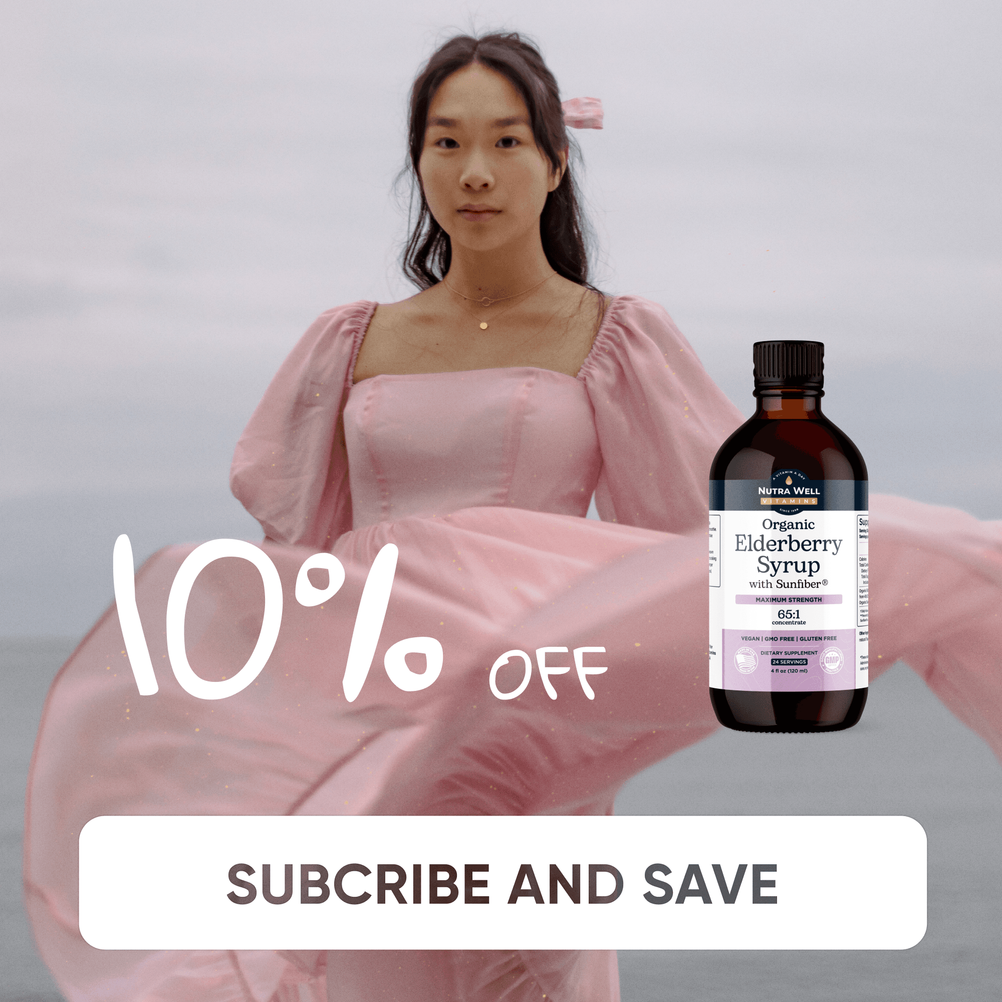 NutraWell Elderberry Syrup ad: 10% off, Subscribe and save, a woman in a pink dress