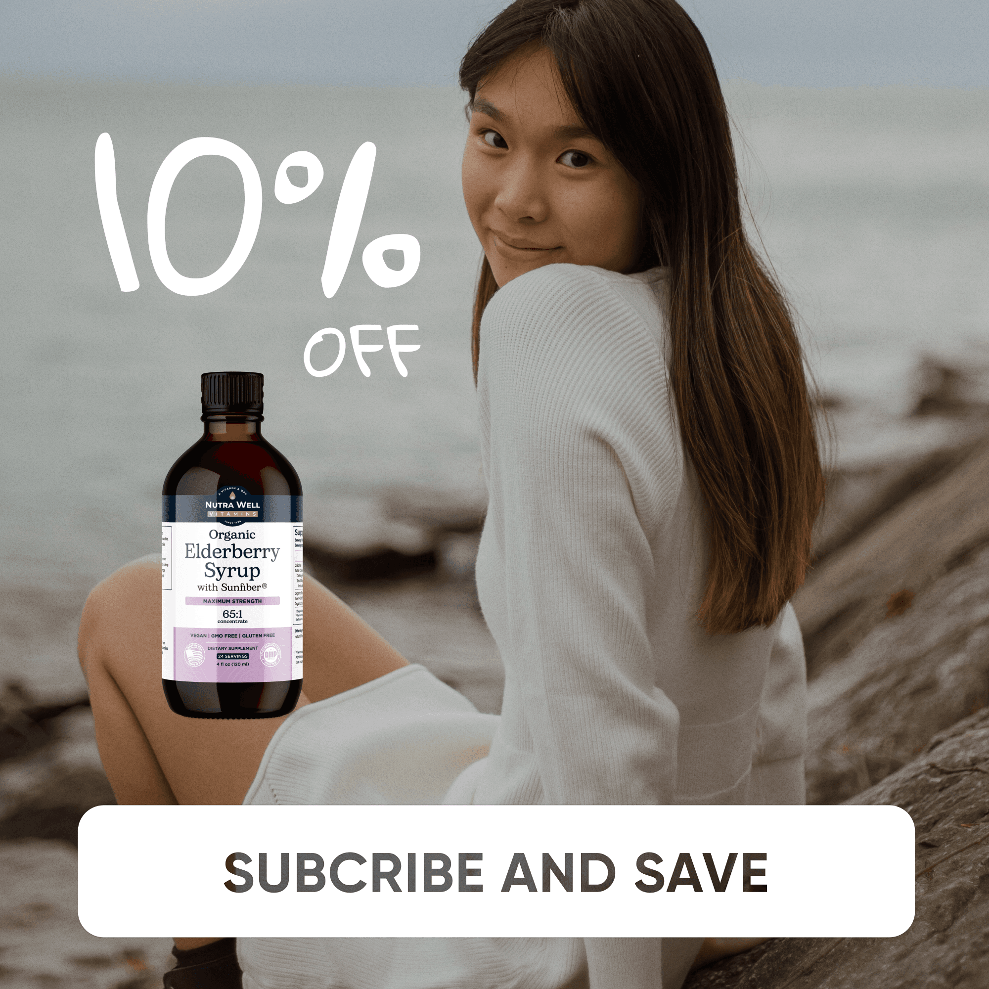 NutraWell Elderberry Syrup ad: 10% off, a woman on the rocks by the sea