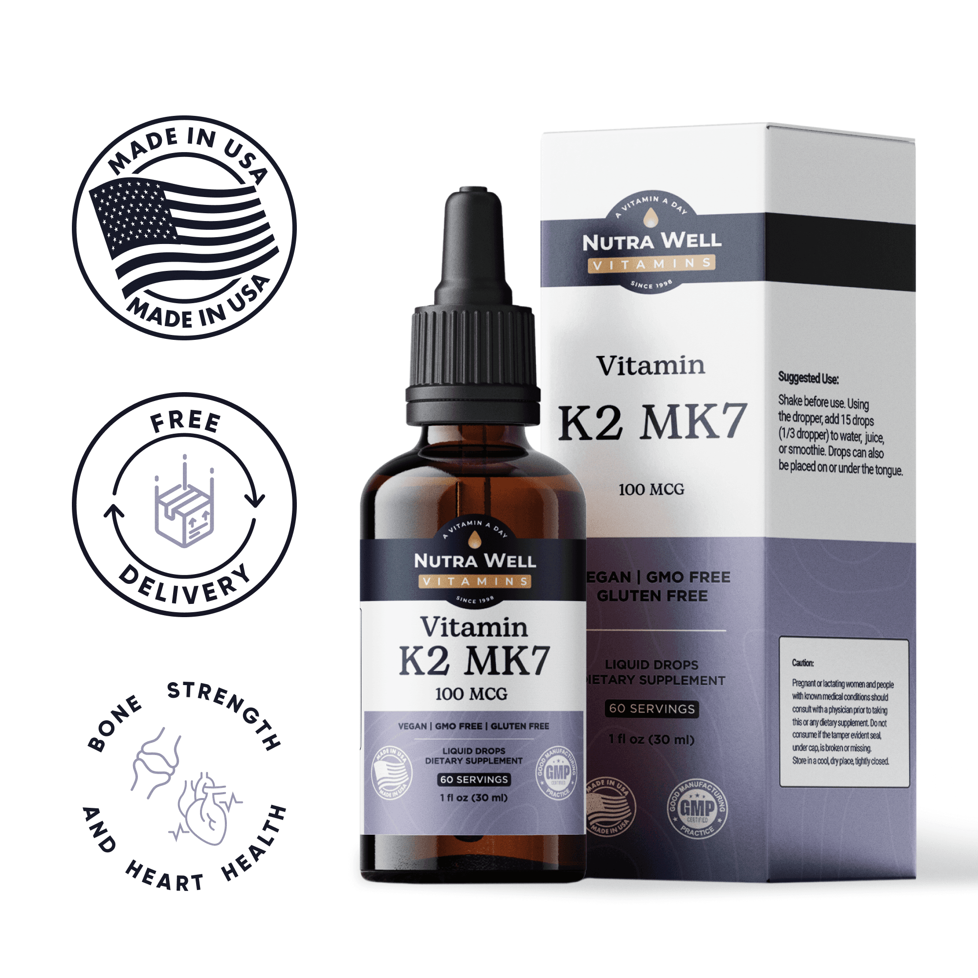 NutraWell Vitamin K2 MK7 listing picture: the bottle and its box, made in the USA