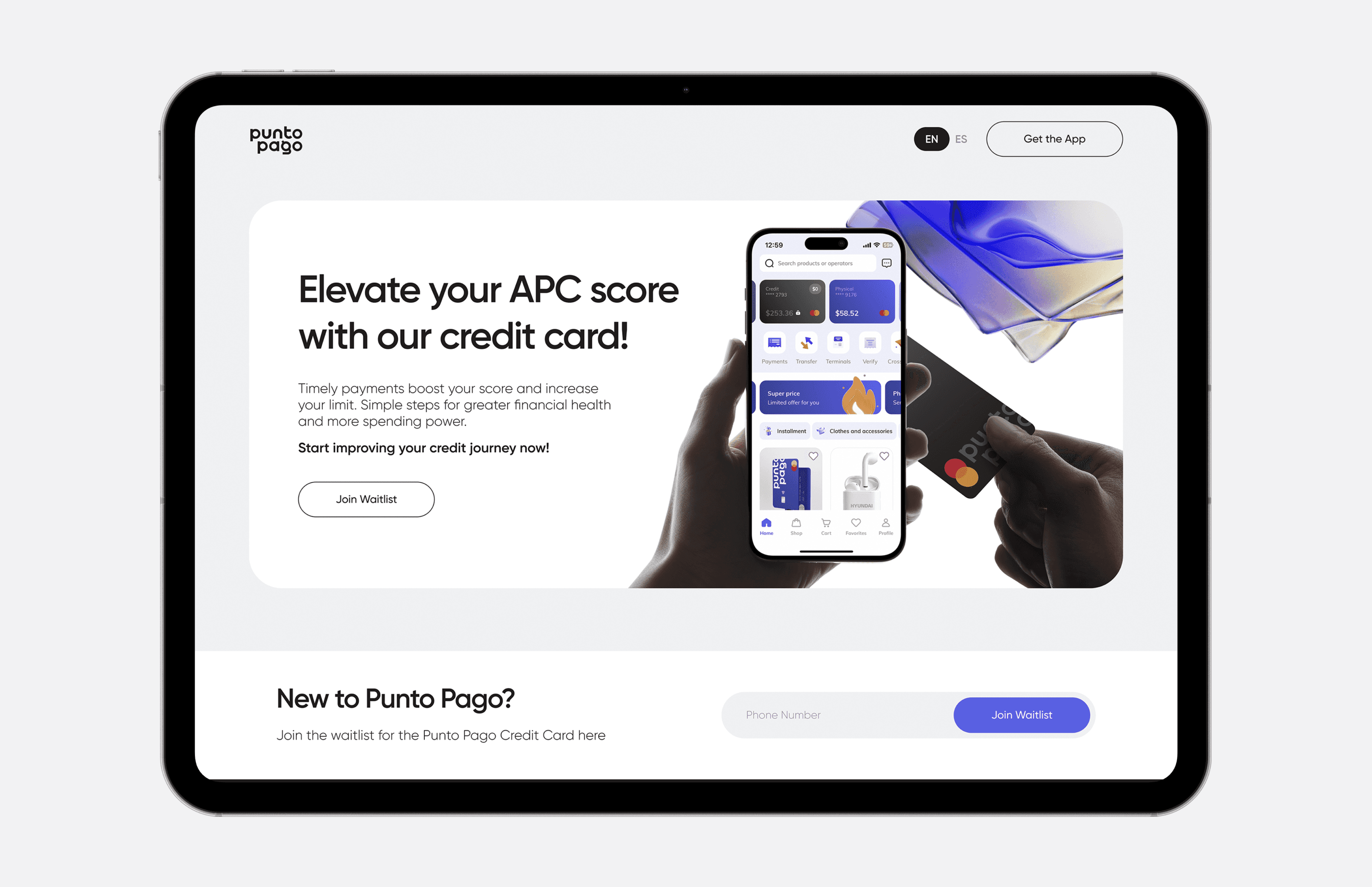 The Punto Pago landing page on a tablet: elevate your APC score with our credit card, and the waitlist