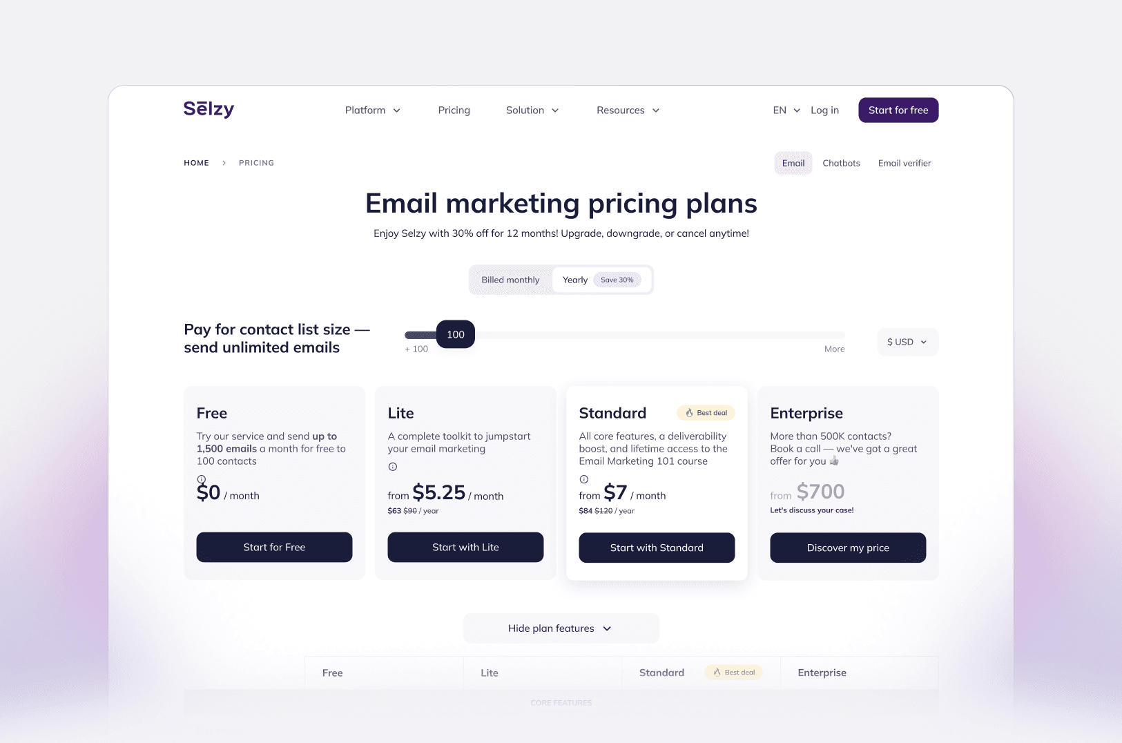 The Selzy pricing page: four plans, the contact list slider and monthly or yearly billing
