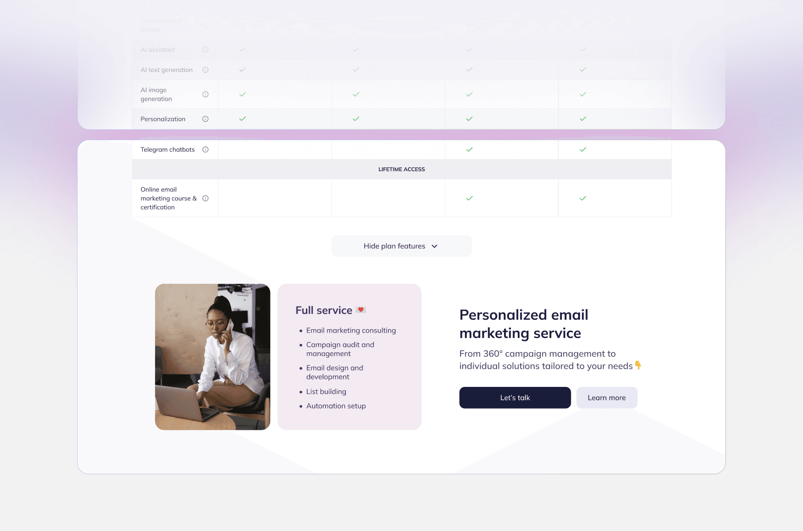 The bottom of the Selzy pricing page: the plan features table and the full-service offer
