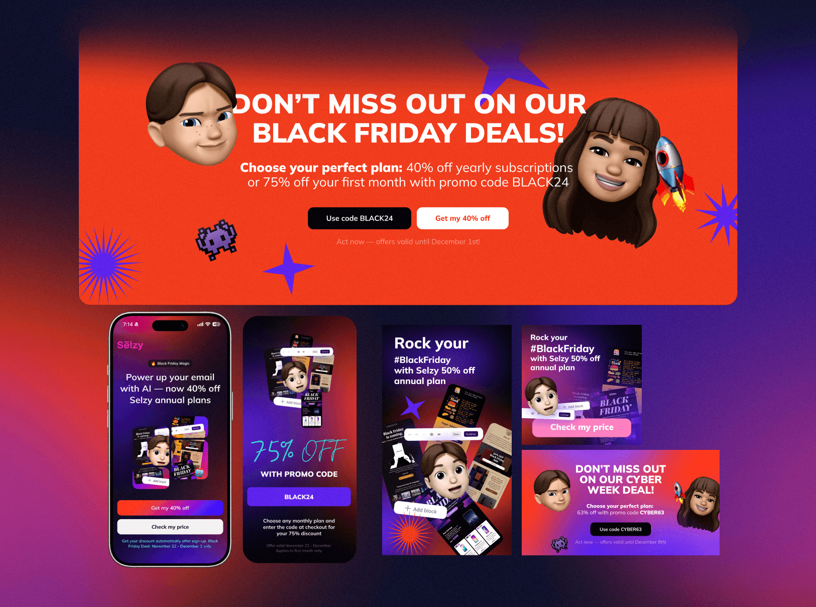 Black Friday ads: a promo banner, the landing page on a phone, a story ad, social posts and a Cyber Week banner