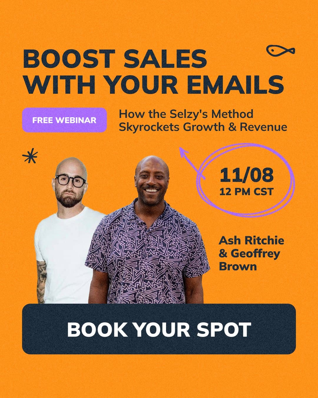 Webinar ad in three versions, with Ash Ritchie and Geoffrey Brown: boost sales with your emails