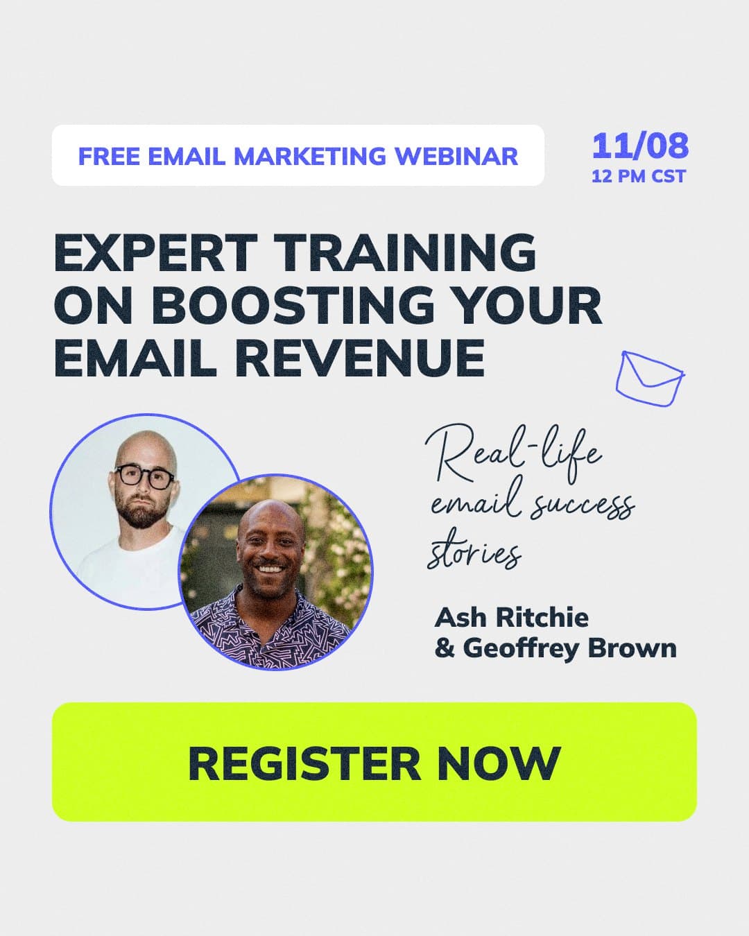 Webinar ad in three versions, with Ash Ritchie and Geoffrey Brown: boost sales with your emails, page 2