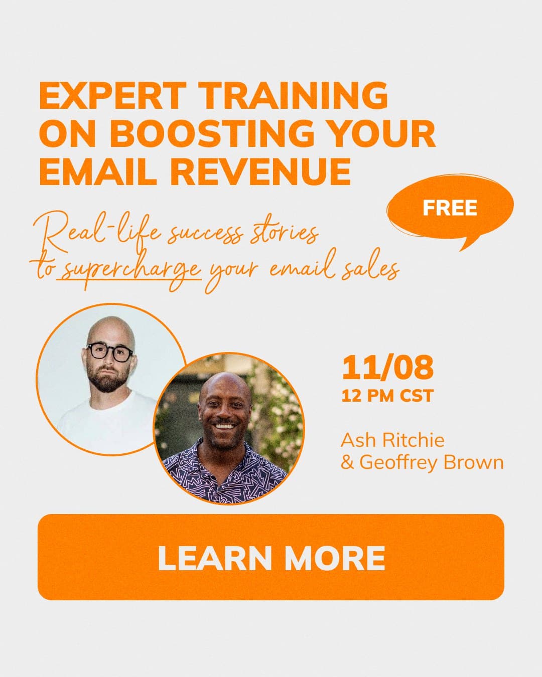 Webinar ad in three versions, with Ash Ritchie and Geoffrey Brown: boost sales with your emails, page 3
