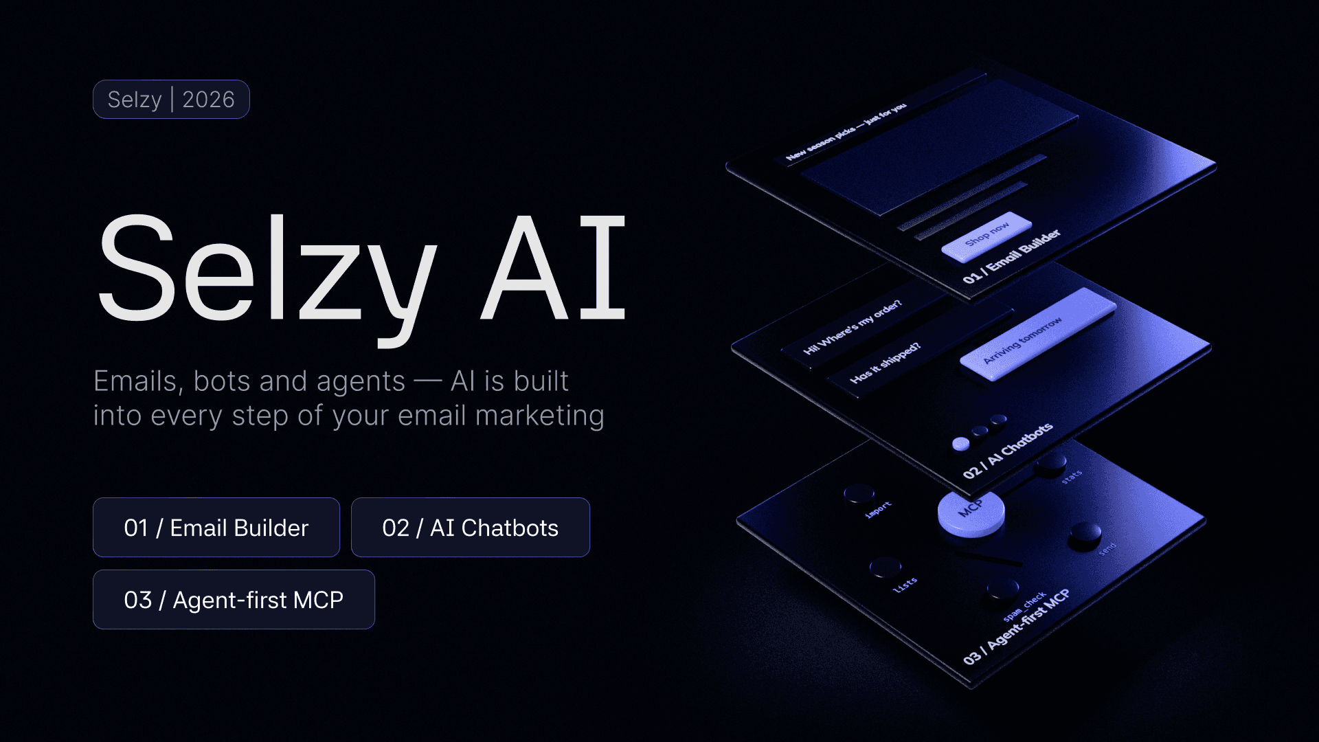 Selzy AI title slide: emails, bots and agents, with AI built into every step of email marketing