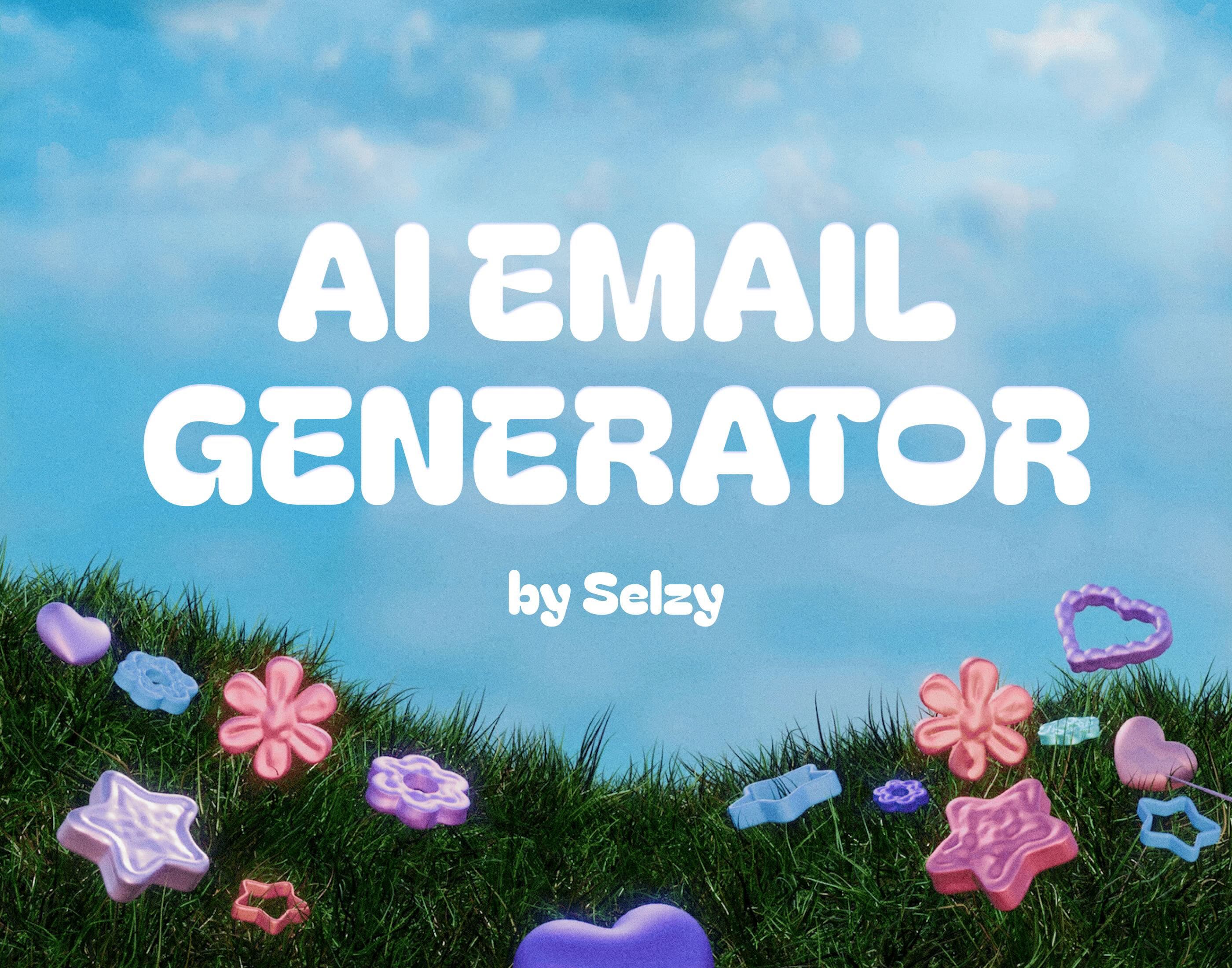 AI email generator by Selzy, the campaign cover: puffy 3D letters over clouds, grass and flowers
