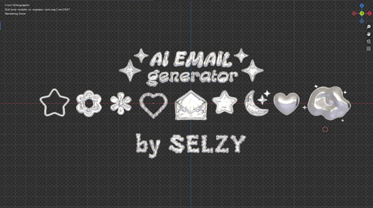 The video's 3D letters and shapes in Blender: AI email generator by Selzy, with chrome stars, flowers and hearts