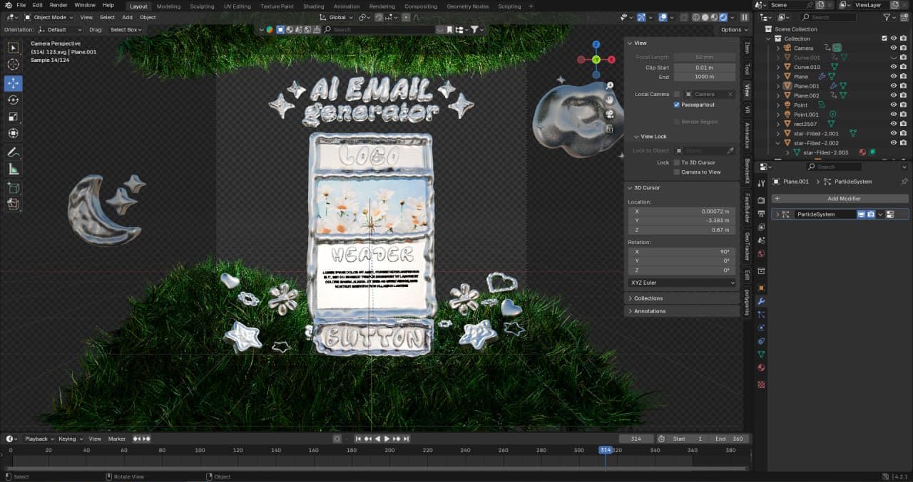 The final scene in Blender: the email template in the grass, the title over it