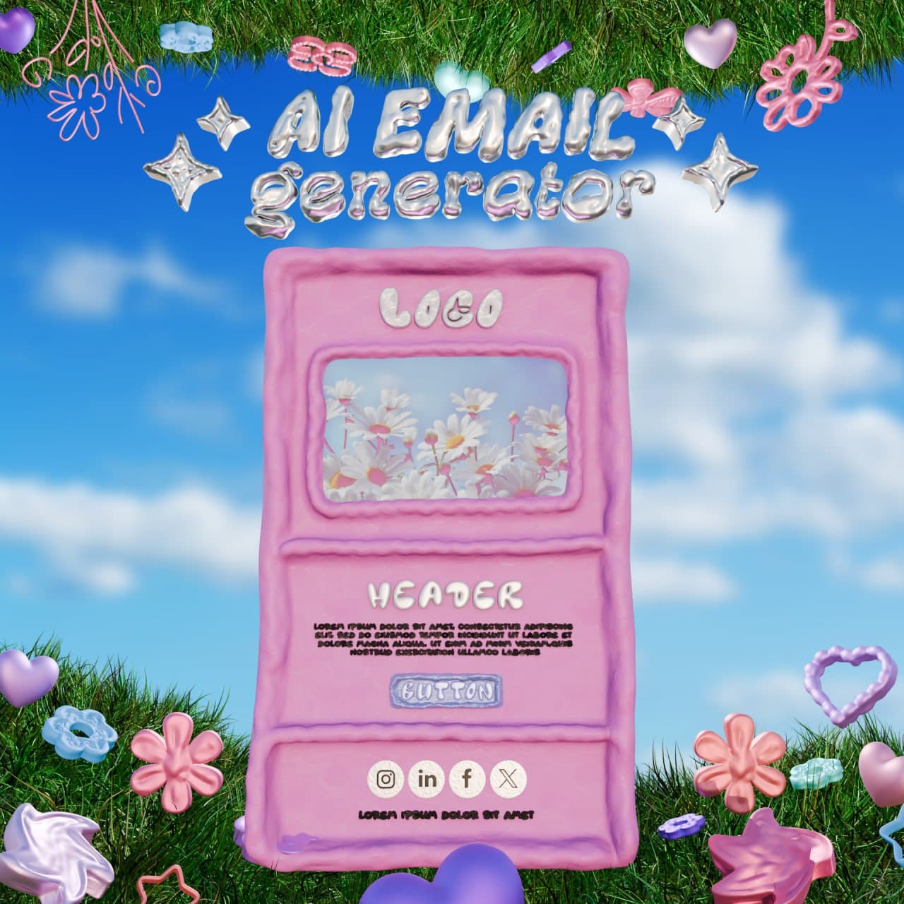 The email template in pink over clouds and grass