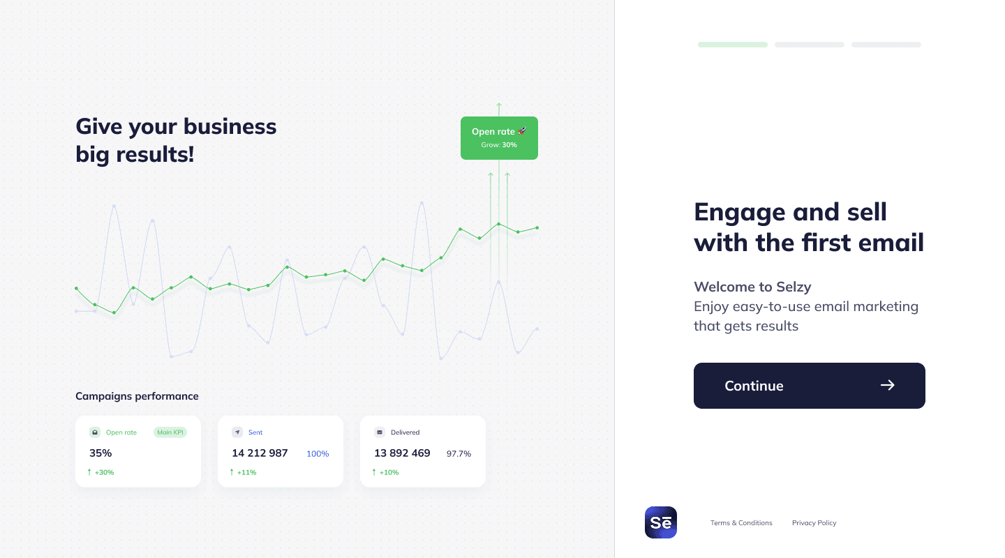 Sign-up step 1: Engage and sell with the first email, next to a chart of campaign results