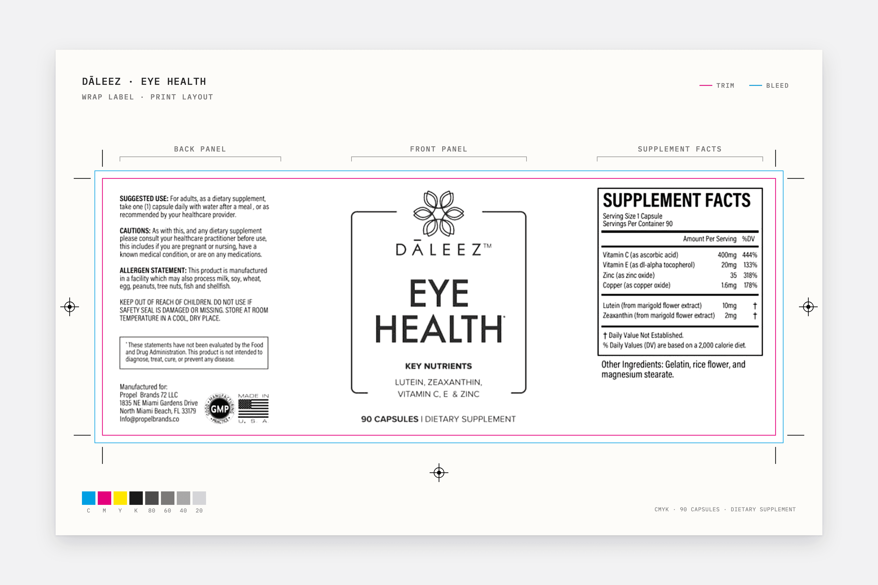 Dāleez Eye Health wrap label, print layout: back panel, front panel and supplement facts
