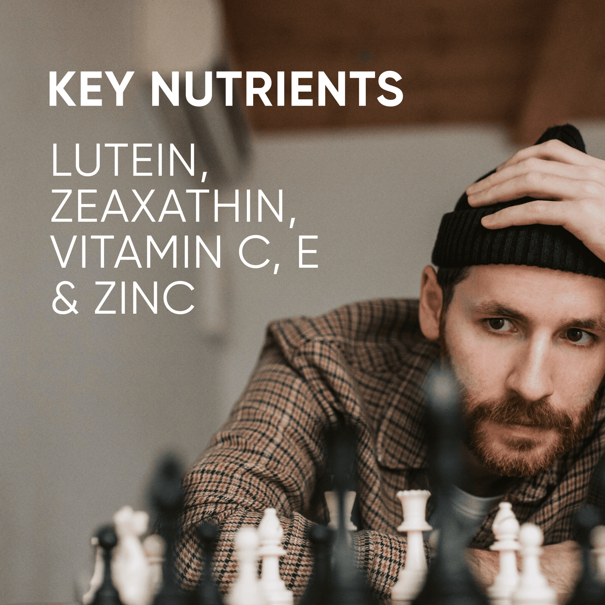 Dāleez Eye Health listing picture: the key nutrients, a man at a chessboard