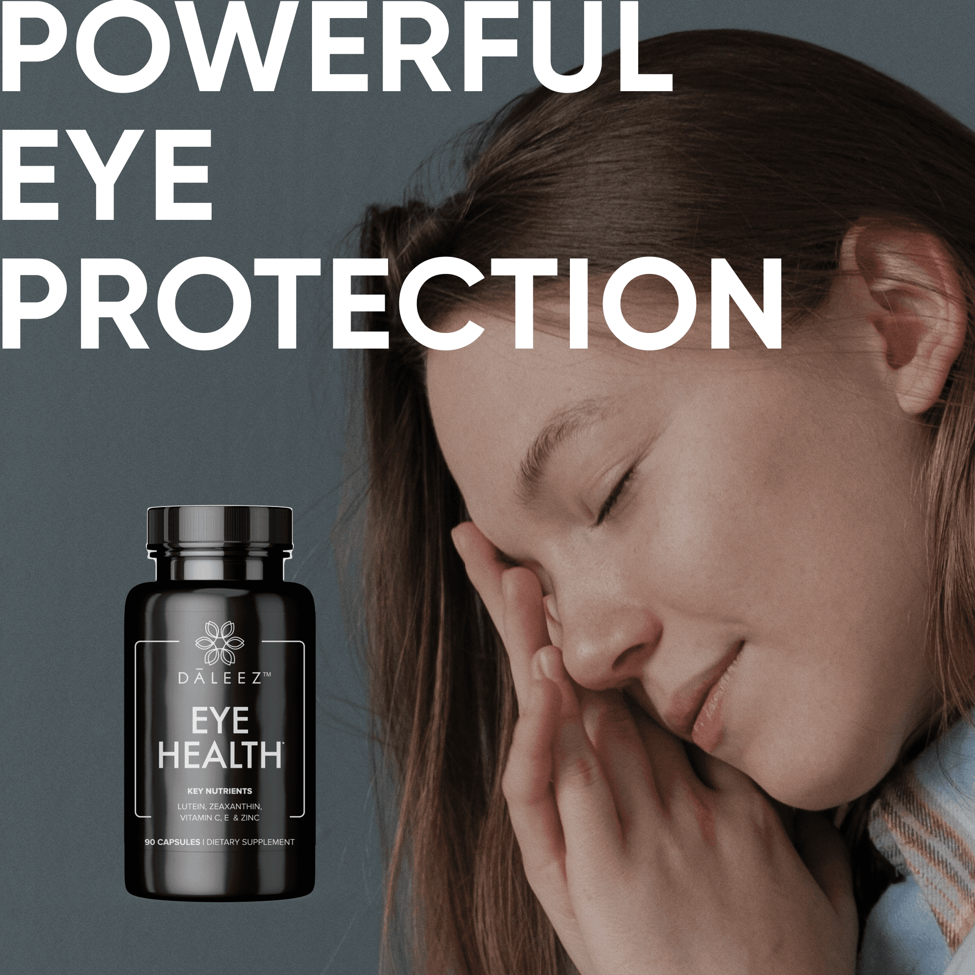 Dāleez Eye Health listing picture: Powerful eye protection, a woman and the bottle