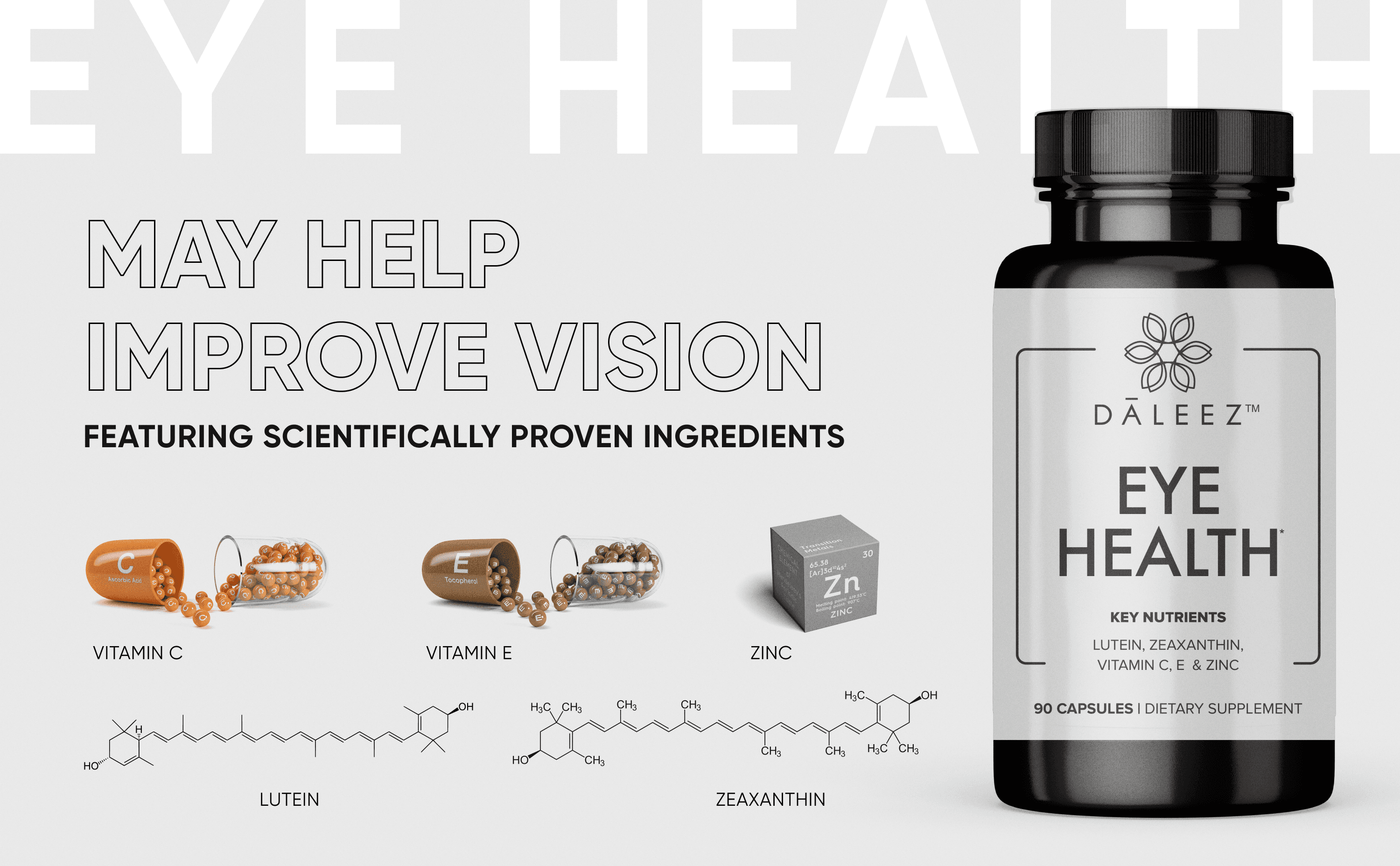 Dāleez Eye Health A+ content: may help improve vision, the bottle and its ingredients