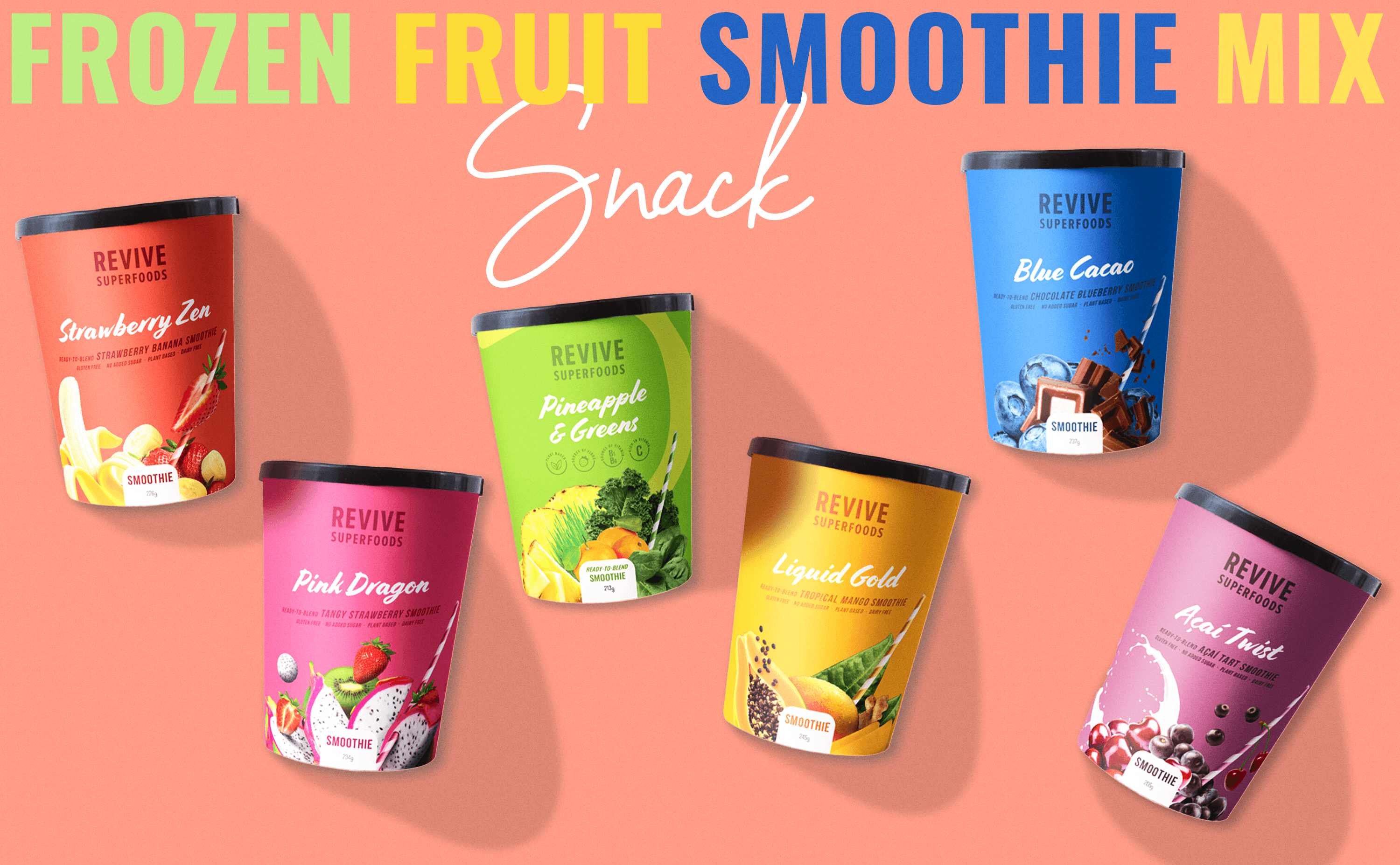 Revive Superfoods A+ content: Frozen fruit smoothie mix snack, five smoothie cups