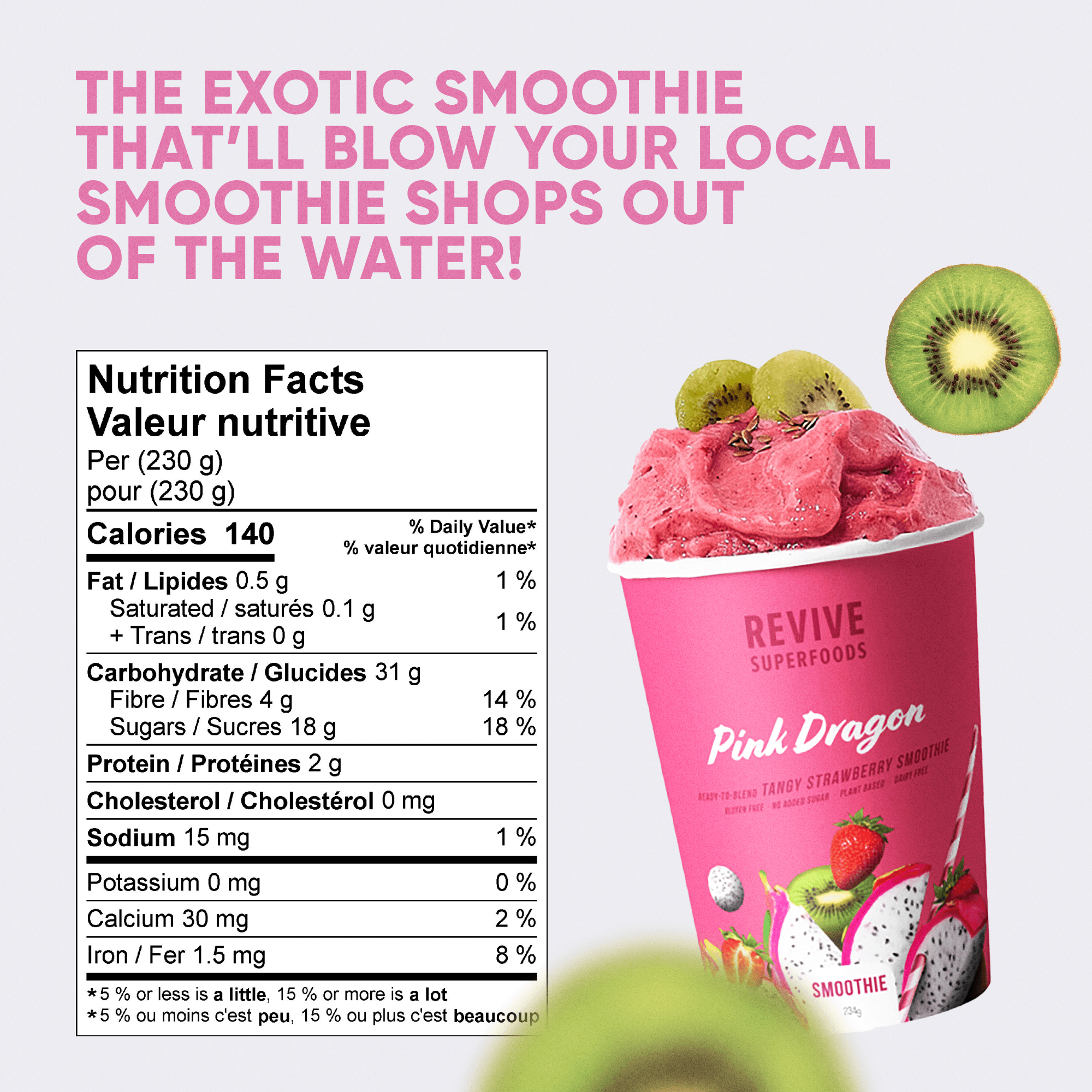 Revive listing picture: the exotic smoothie, Pink Dragon, and its nutrition facts