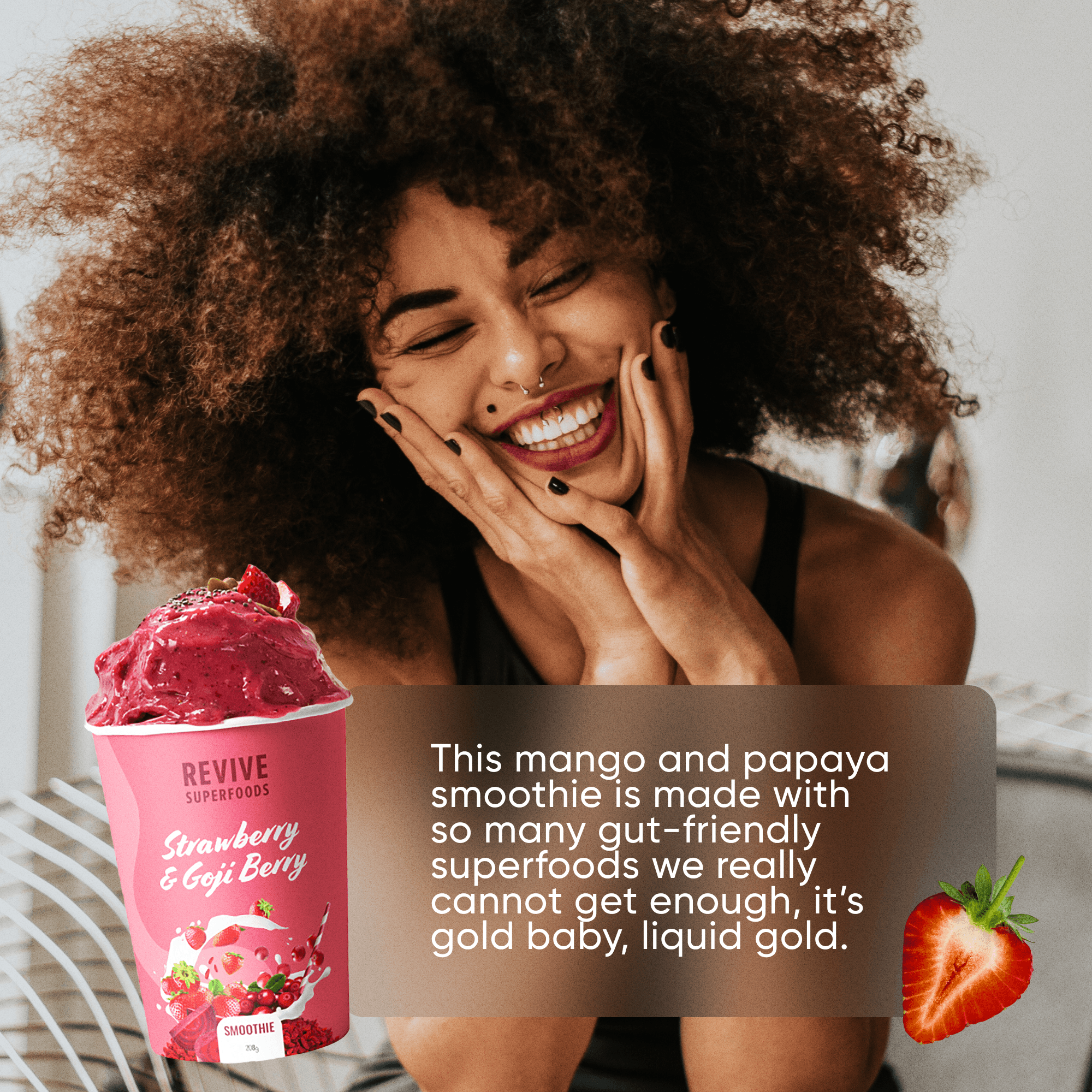 Revive listing picture: a smiling woman and the Strawberry and Goji Berry smoothie