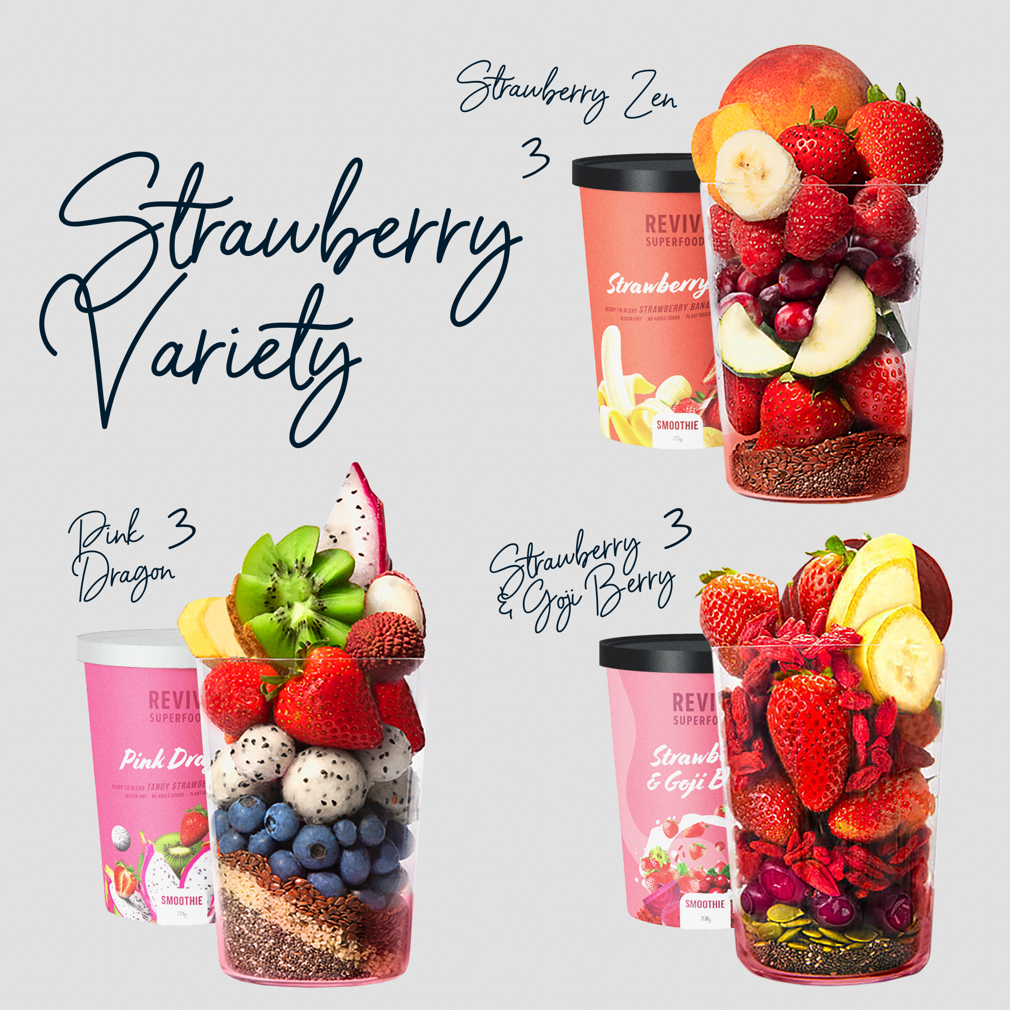 Revive listing picture: Strawberry Variety, three smoothies and their fruit