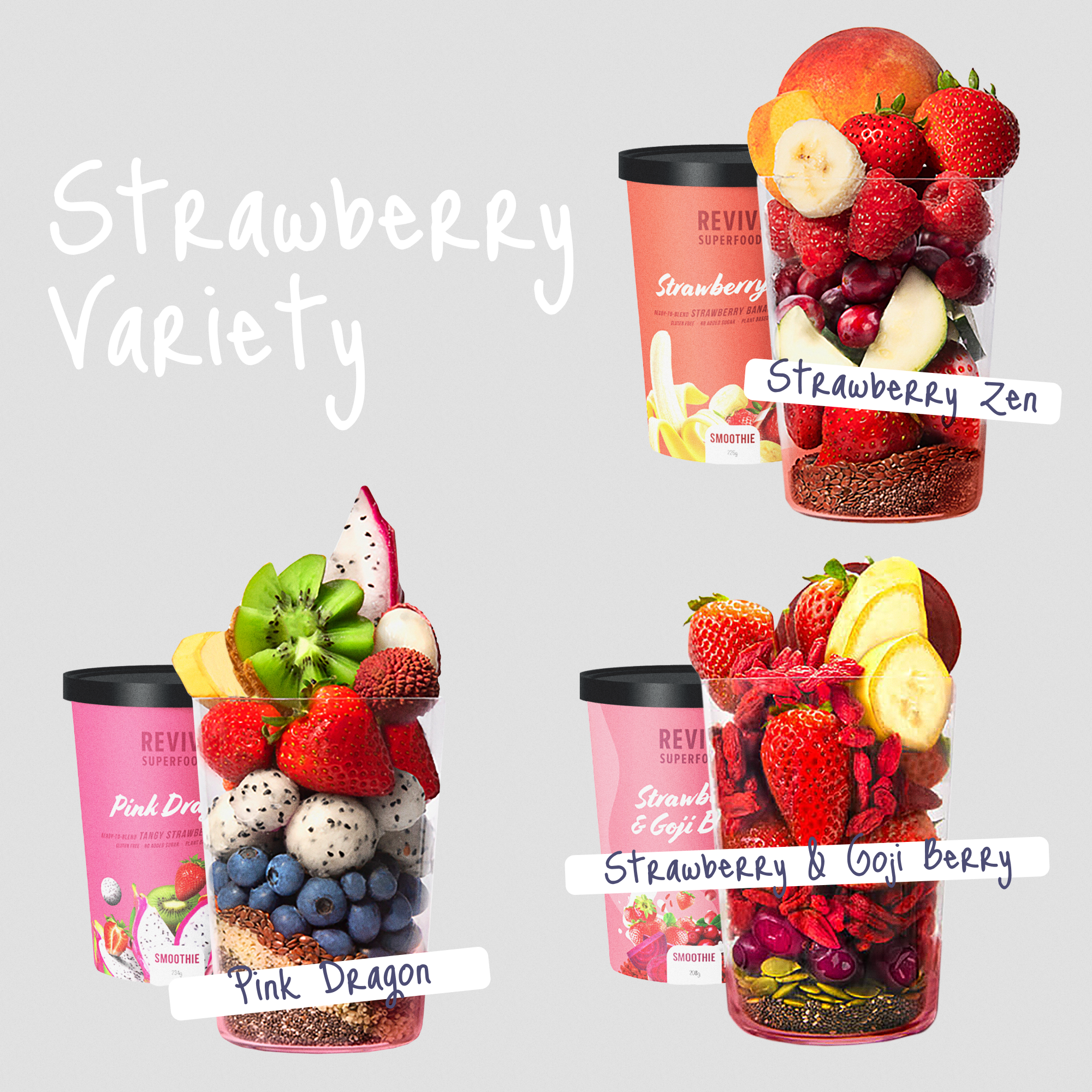 Revive listing picture: Strawberry Variety on gray, three smoothies and their fruit