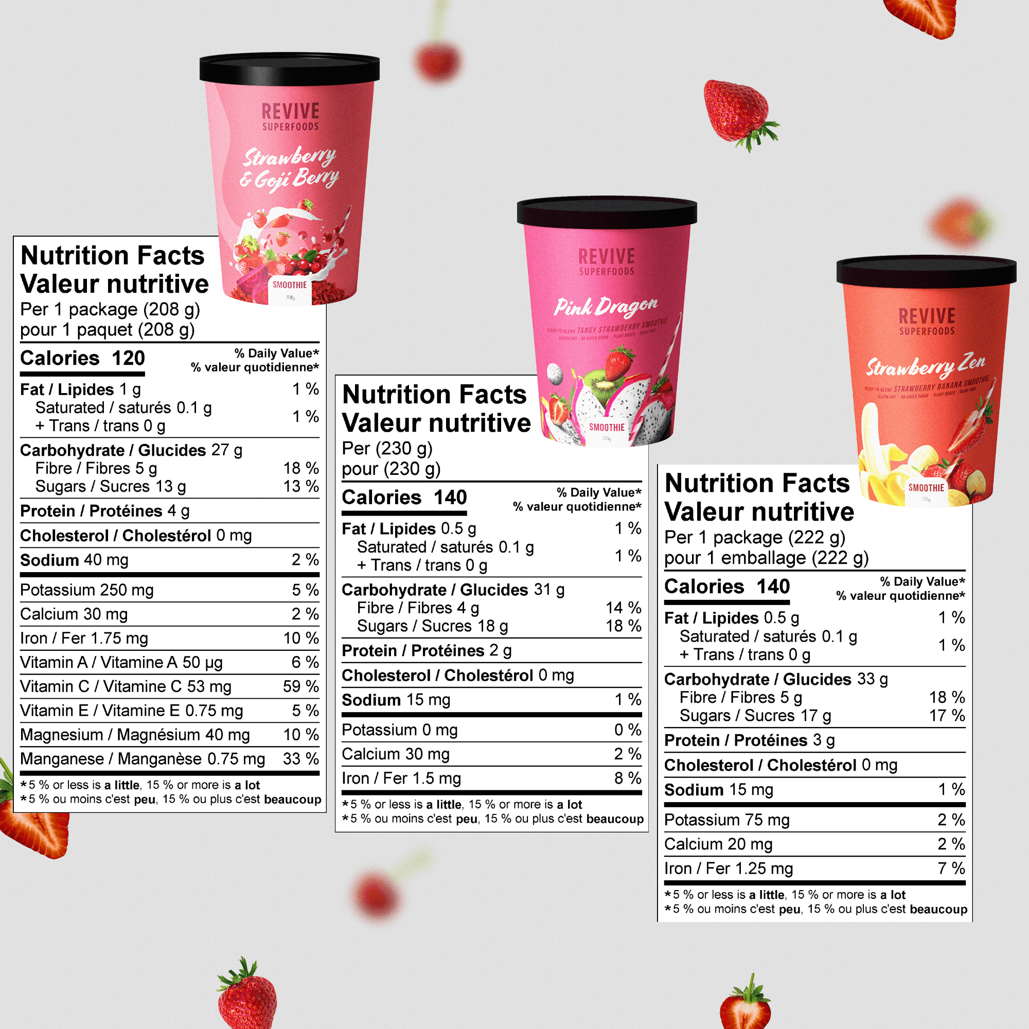 Revive listing picture: three smoothies with their nutrition facts