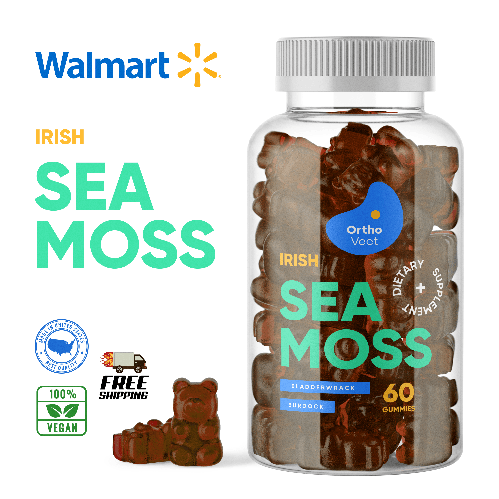 Ortho Veet Irish Sea Moss gummies jar with a gummy bear, the main listing picture