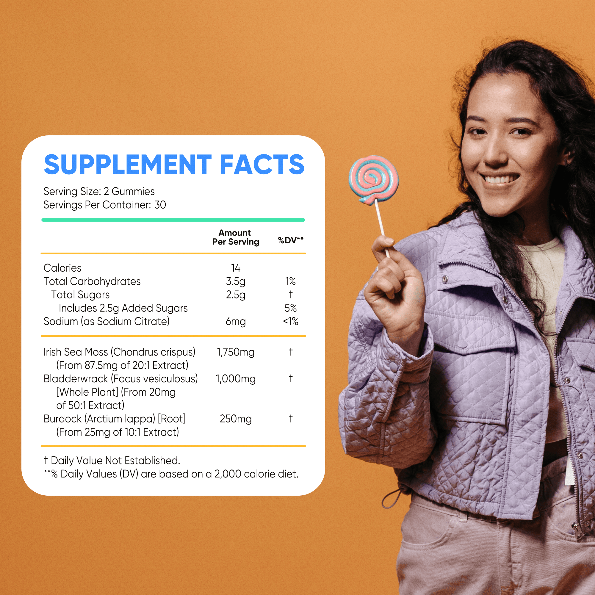Sea Moss listing picture: the supplement facts and a smiling woman with a lollipop